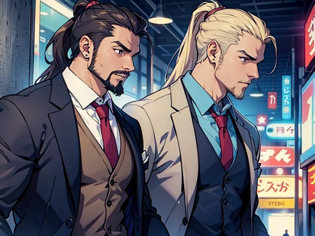 buff guy wearing a suit and cardigan, goatee and ponytail