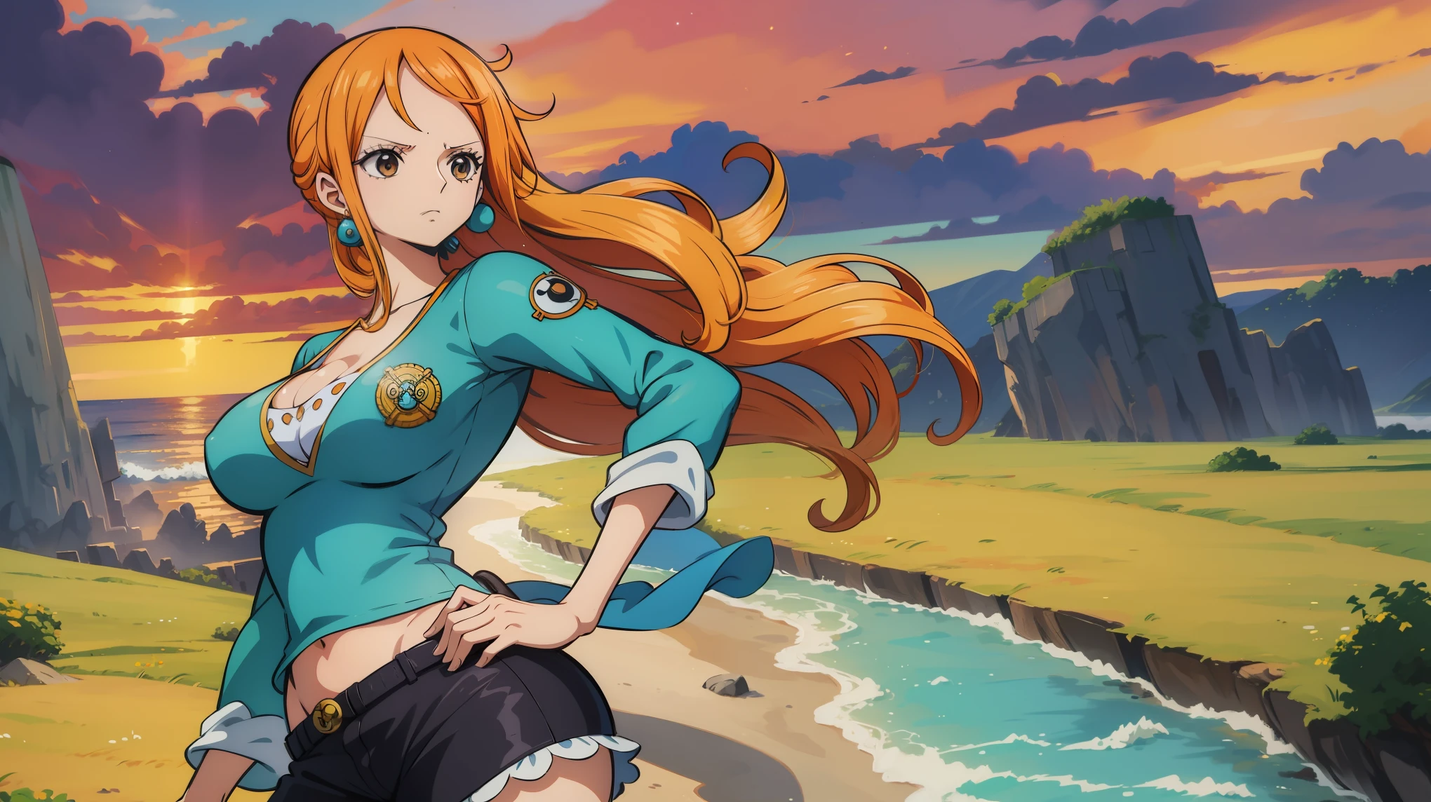 Gere uma imagem realista no estilo anime de Nami de One Piece 1 unica garota.  (ass) ,Capture seu visual distinto com o cabelo laranja, Long Launch, Athletic Curve, mini camisa, (mini-saia), fundo dark florest