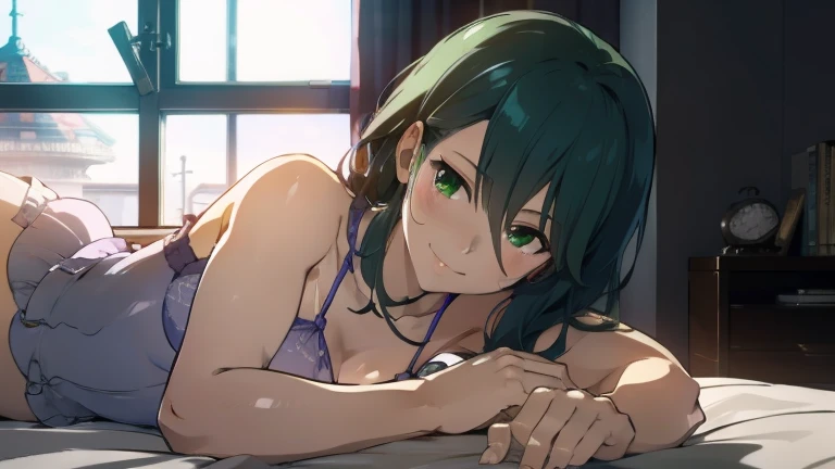 highest quality,　Highest image quality,　masterpiece,　tamaki, green hair, green eyes, mole under eye, negligee,　relaxed atmosphere, smirk,　bed, close to face