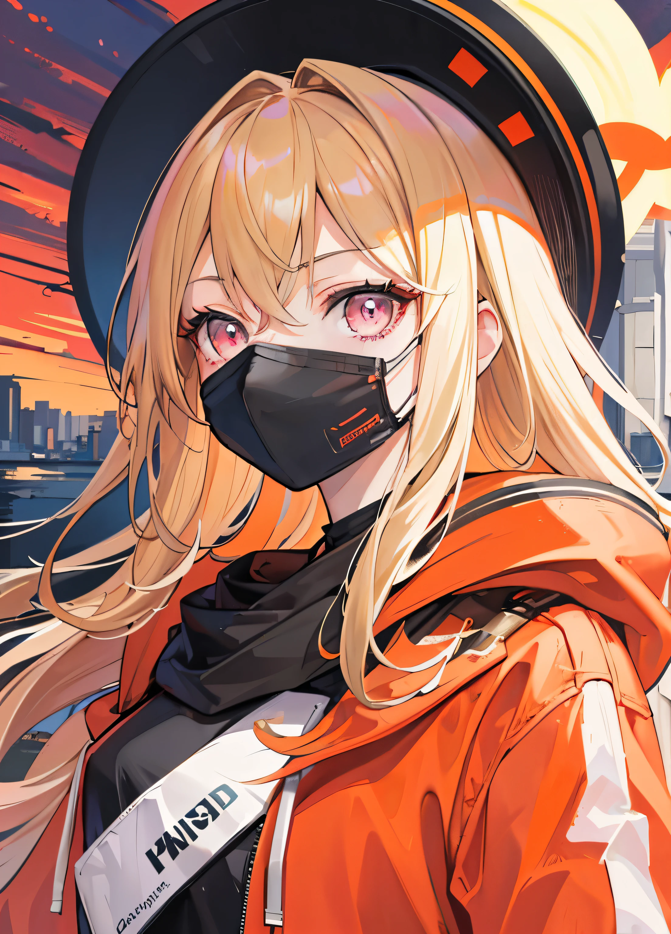 ((masterpiece, best quality, high resolution)), expressive eyes, perfect face, solo, 1girl, human, blonde hair, long hair, pink eyes, orange hoodie, black shorts, face mask, mature