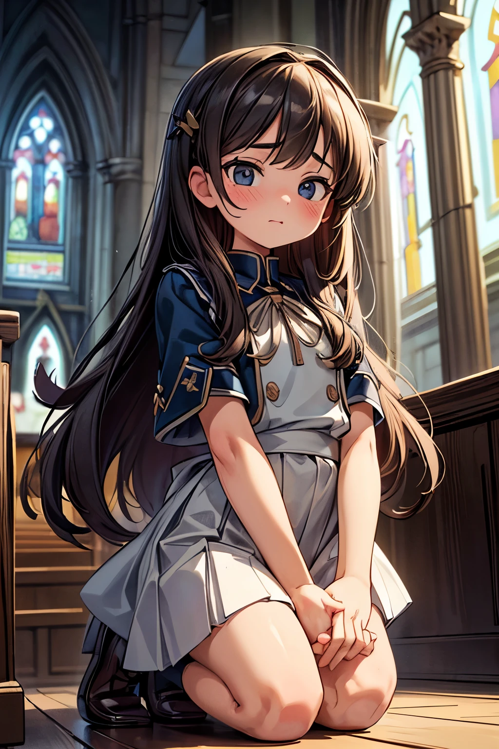 (masterpiece:1.2), (best quality:1.2), (extremely detailed:1.2), (extremely detailed face), (ultra detailed), praying pose, cowboy shot, charming, flat chest, naughty face, lighting, cute teenage girl, 1girls, high resolution, church uniforms, shy, kneeling, (interlocked fingers), (in chapel), solo, beautiful silky hair, beautiful eyes, vibrant color