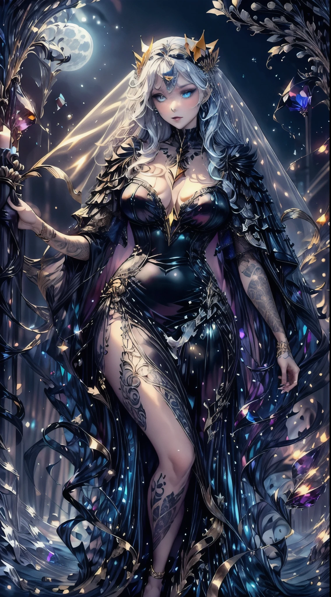 one woman with extremely long curly hair, dark blue tone, and pale blue skin, with golden marks tattos through the body, wearing a stunning long dress, with silver starry glitter details, and and black veil, with golden jewlery, wicca style, moon goddess, dark atmposhere, gohtic, pointed crown, alexandrite multicolor gemstone