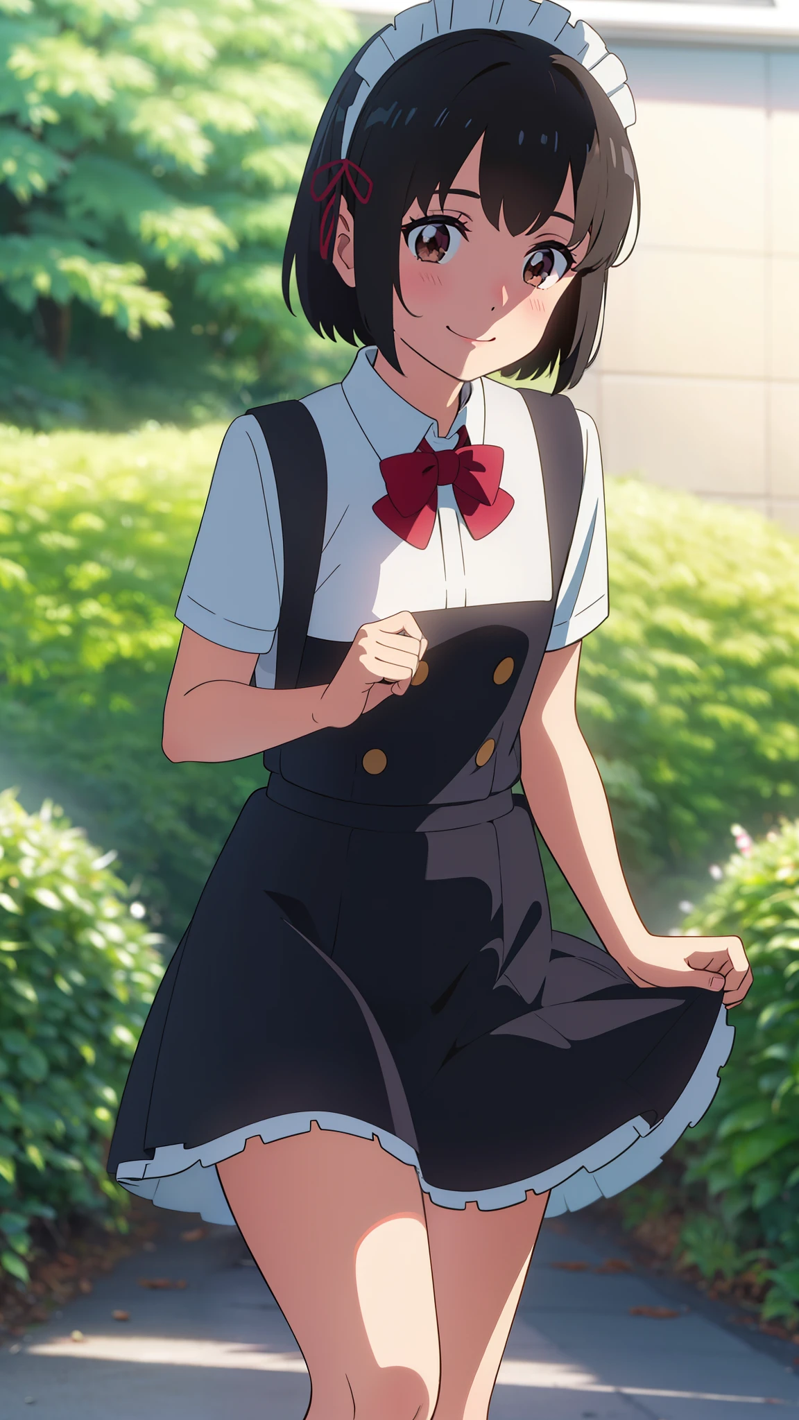 shinkai makoto, kimi no na wa., 1girl, bangs, black hair, blush, brown eyes, shiny skin, red ribbon, red bow, (maid uniform), headdress, dress, shirt, pinafore, skirt, mini skirt, hair decoration, looking at the viewer, short hair, cute, smile, solo, short sleeves, outdoors, Spring breeze, Walking with a thigh, Upper body portrait