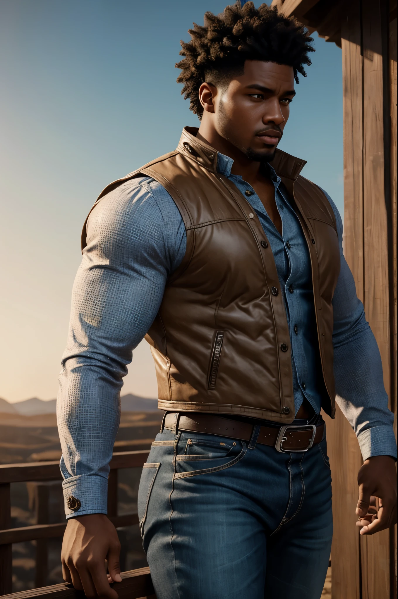 big booty man, handsome mixed black man in cowboy attire, high detail, 18 years old, skinny, lean, short curly hair, 8k, mystical, magical, ultra hd, realistic, vivid colors, highly detailed, UHD drawing, pen and ink, perfect composition, beautifully detailed intricate insanely detailed octane rendering trending on artstation, 8k artistic photography, photorealistic concept art, soft natural volumetric cinematic perfect light, huge manly bubble butt, highly detailed and perfect face,  realistic hands, vest, from the side