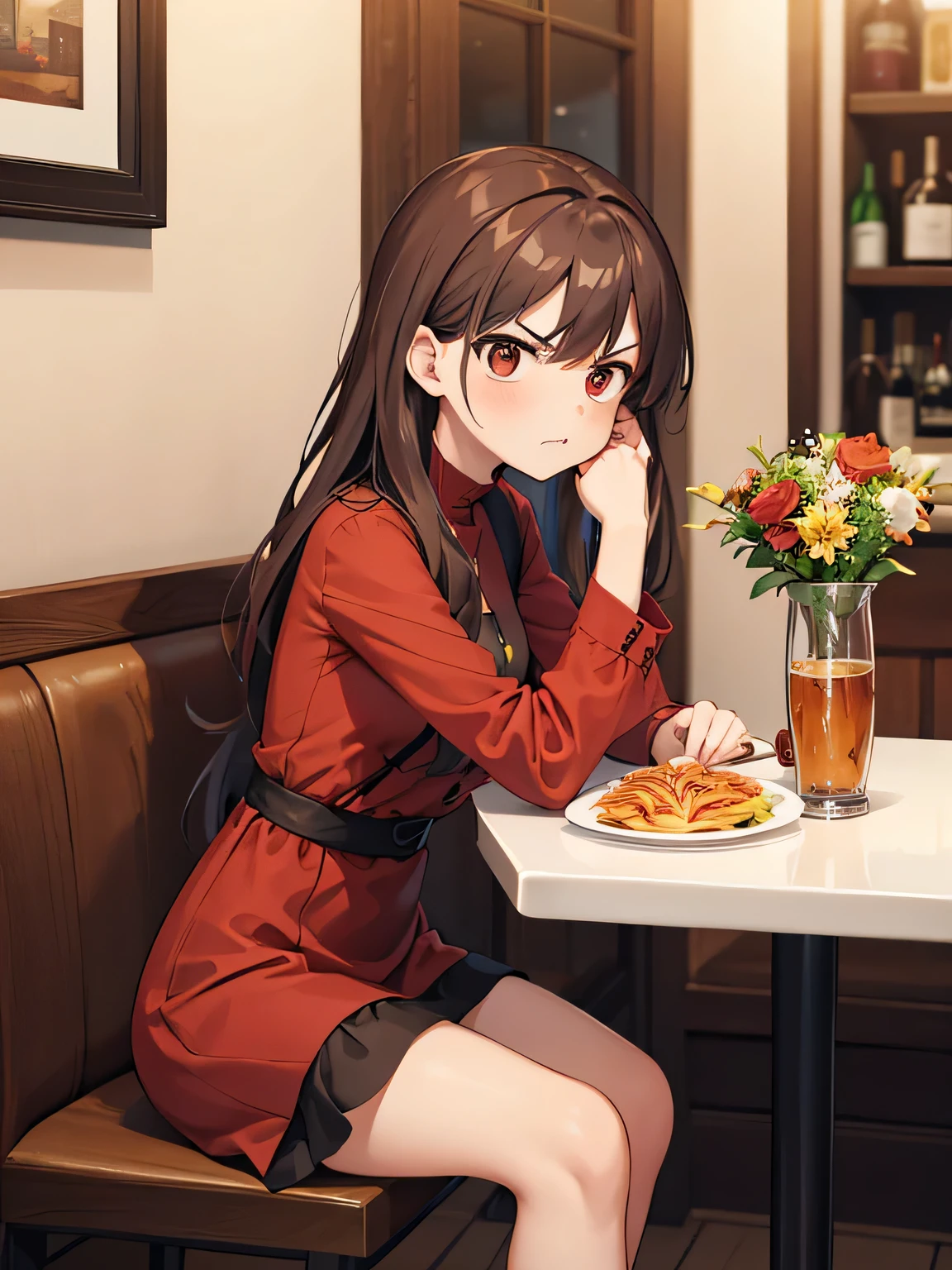 (1) A woman is sitting alone at a table in a restaurant.
(2) women look mature、She is wearing a long-sleeved red mini dress and long brown boots..
(3) The woman's hair color is black、facial expression is angry.
(4) The place is inside a small Italian restaurant.
(5) There is only one pasta item on the woman's table..