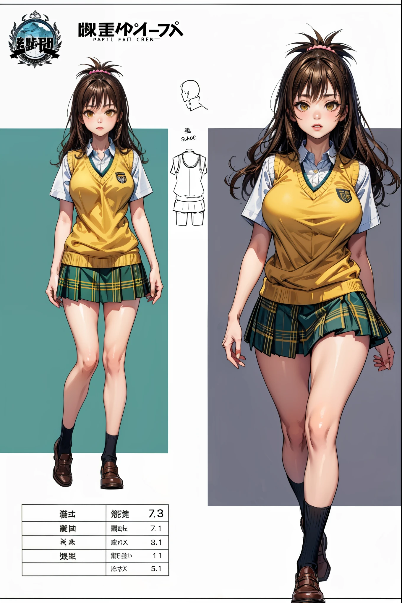 girl, solo, full body, from head to toe, standing, (Huge_Breasts:1.3), beautiful body, perfect body, nice body,
((Character Design Sheet:1.7, character reference sheet:1.7,)),
mikan yuuki, (brown eyes:1.5), brown hair, hair ornament, hair scrunchie, long hair, pink scrunchie, scrunchie, green skirt, plaid, plaid skirt, sainan high school uniform, school uniform, skirt, shirt, white shirt, sweater vest, (yellow sweater vest:1.5), short skirt, mini skirt,