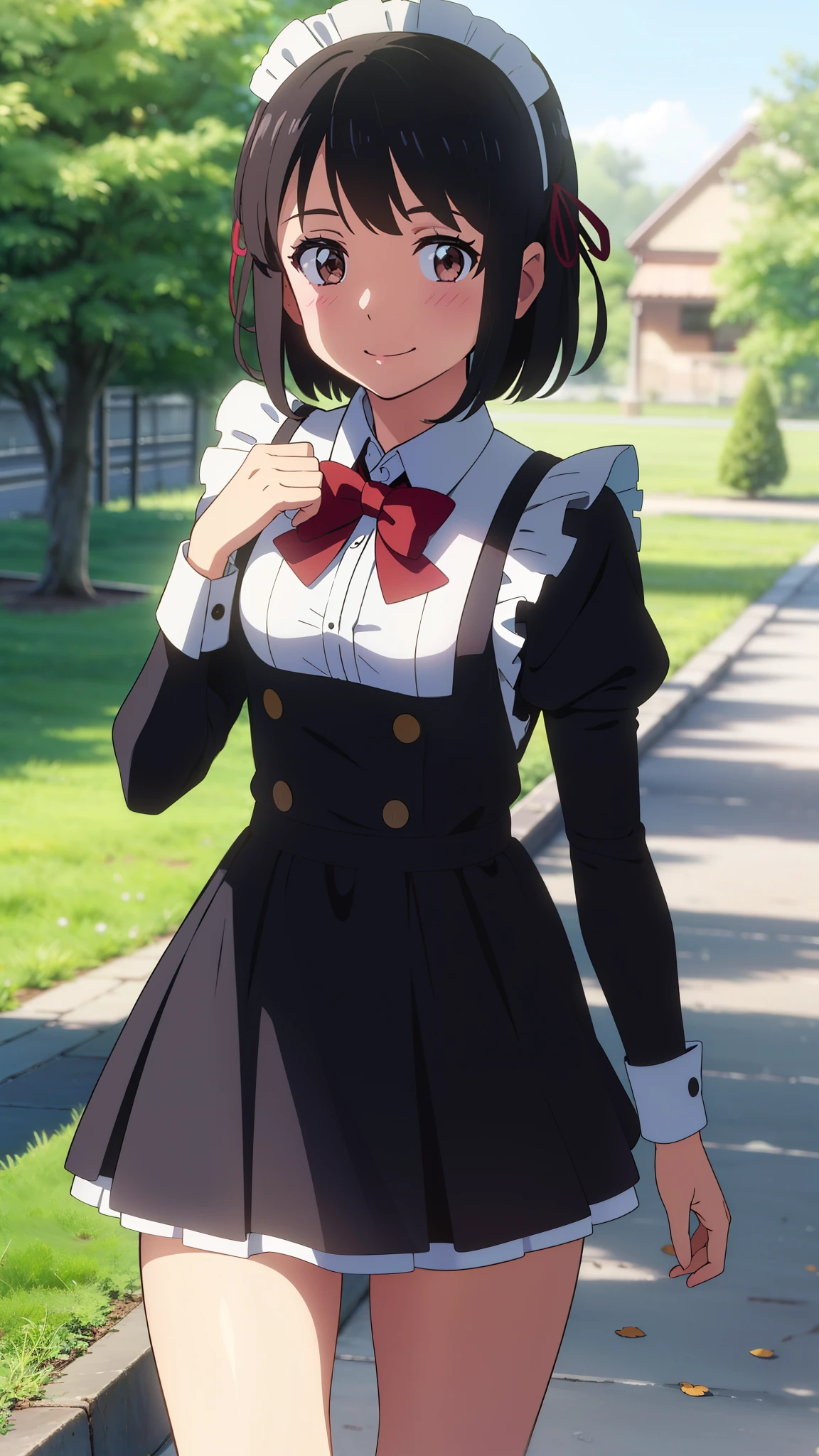 shinkai makoto, kimi no na wa., 1girl, bangs, black hair, blush, brown eyes, red ribbon, red bow, (maid uniform), headdress, dress, shirt, pinafore, skirt, mini skirt, hair decoration, looking at the viewer, short hair, cute, smile, solo, short sleeves, outdoors, Spring breeze, Walking with a thigh, Upper body portrait