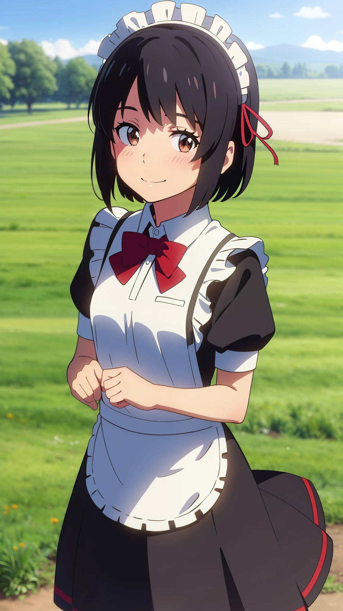 shinkai makoto, kimi no na wa., 1girl, bangs, black hair, blush, brown eyes, shiny skin, red ribbon, red bow, (maid uniform), headdress, dress, shirt, pinafore, skirt, mini skirt, hair decoration, looking at the viewer, short hair, cute, smile, solo, short sleeves, outdoors, Spring breeze
