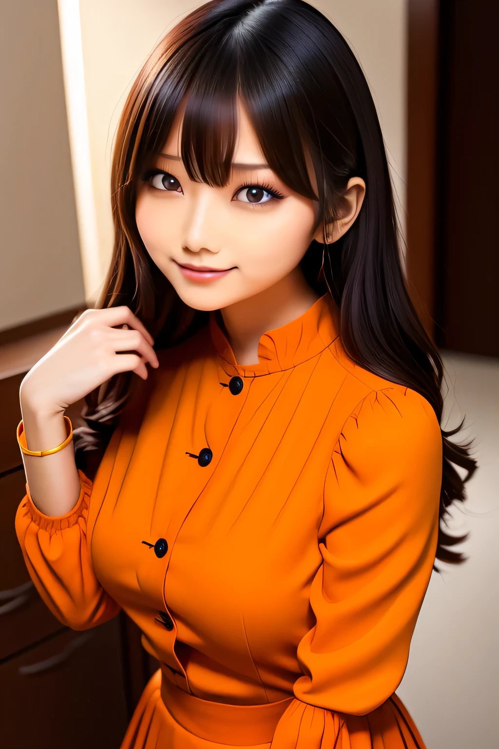 dancing、She wears an orange long-sleeved blouse with fabric on the chest., brown vest with buttons, green long skirt, black pantyhose, black leather shoes, , long straight black hair, bangs, lips、out makeup、short eyelashes、looking at the viewer、lazy smile、realistic、High resolution、debris flies, highest quality, 8K, Beautiful woman、In detail