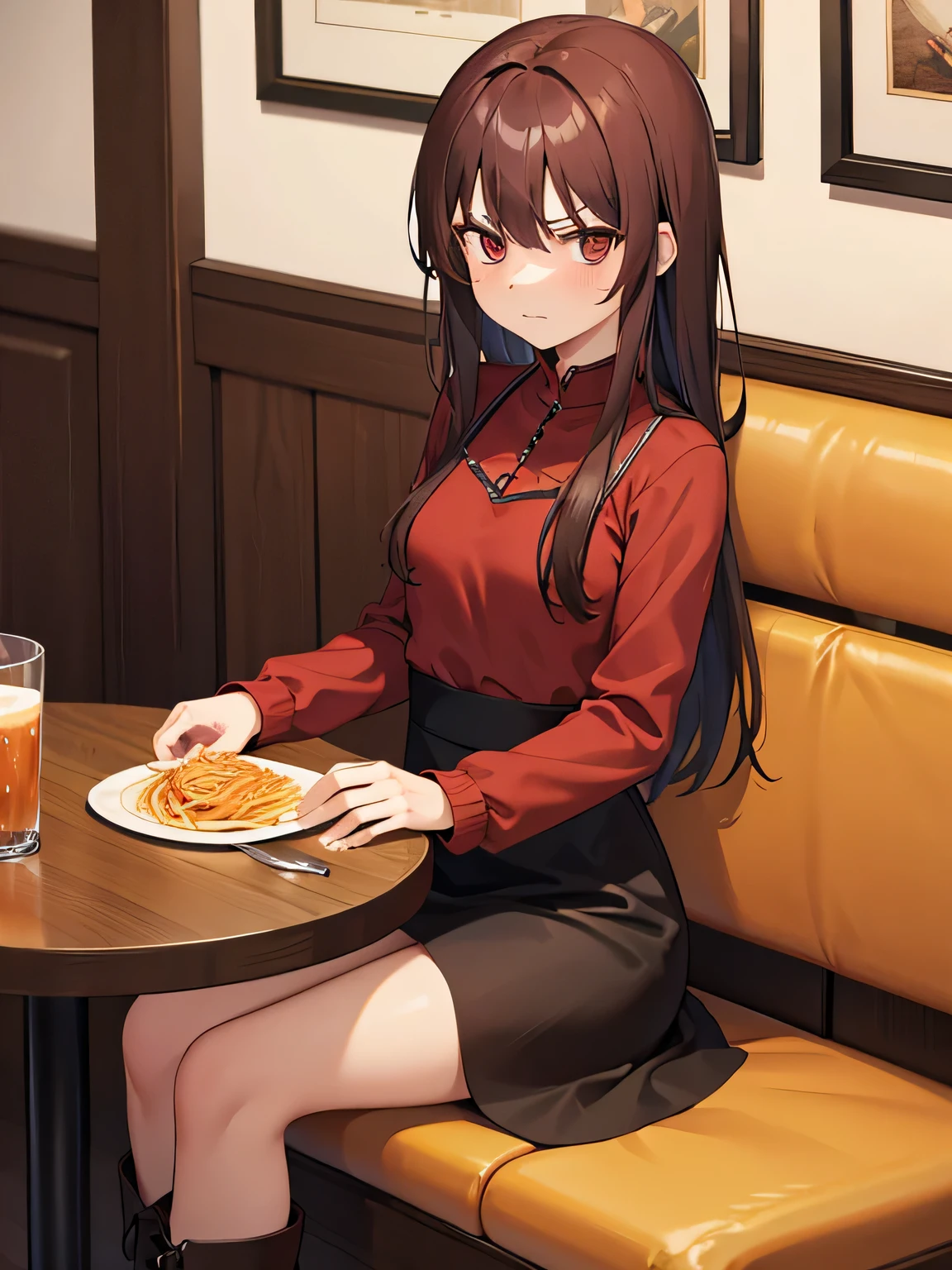 (1) A woman is sitting alone at a table in a restaurant.
(2) women look mature、She is wearing a long-sleeved red mini dress and long brown boots..
(3) The woman's hair color is black、facial expression is angry.
(4) The place is inside a small Italian restaurant.
(5) There is only one pasta item on the woman's table..