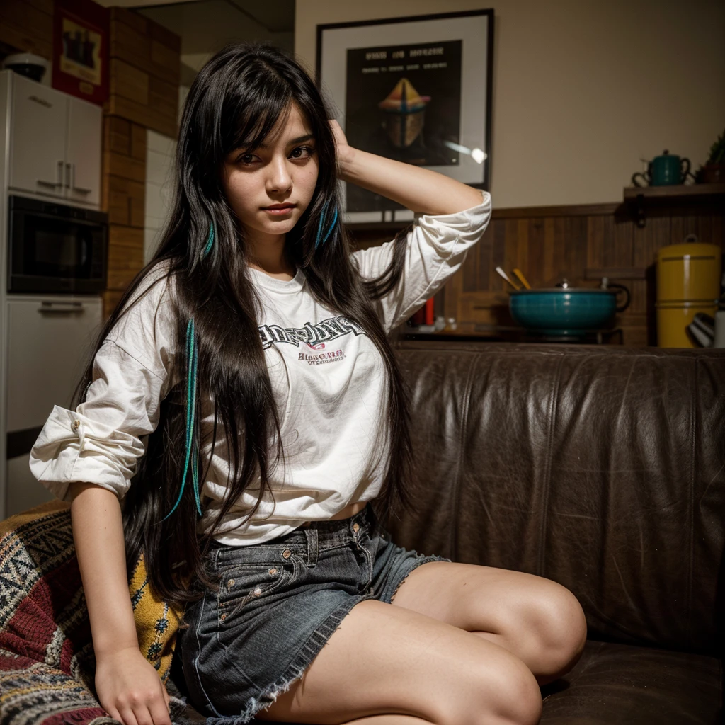 
beautiful cute young  teenage  girl, 18 years old, cute, long black_hair, colorful hair, warm, dacing, in home sit at , indian