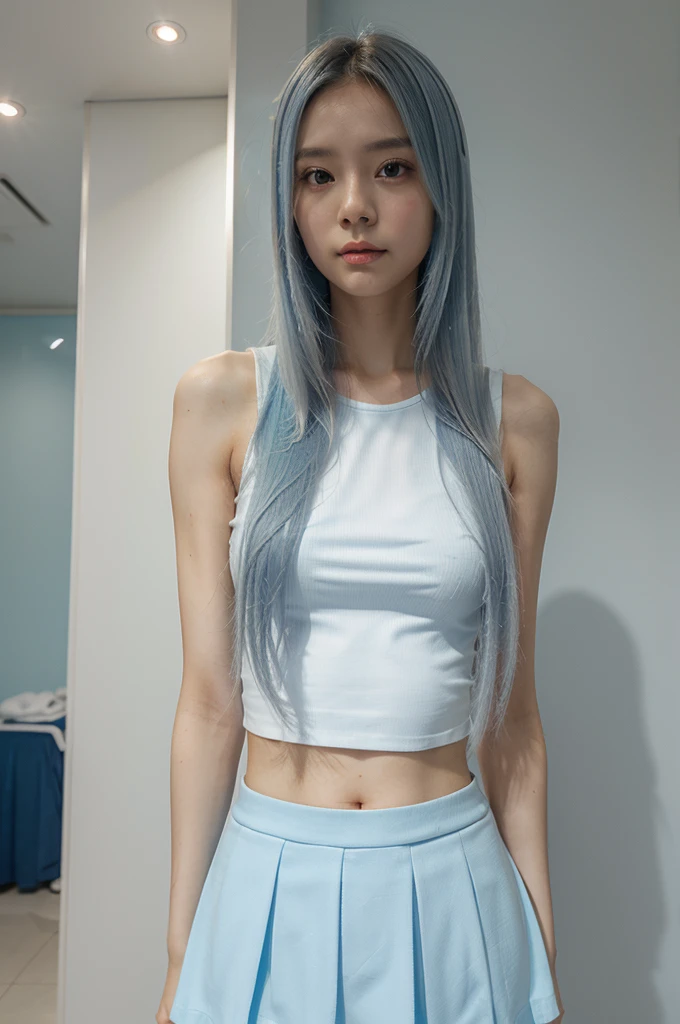 ((middle-breasted, tomboyish, small-headed)), darkness, (perfect body: 1.1), light blue hair, collar, chain, japanese girl, full body shot, crowded street, tank top, (light blue sheer plastic garbage bag: 1.3), (mini skirt: 1.3), (highly detailed CG 8k wallpaper), (very delicate and beautiful), (masterpiece), (best quality: 1.0), (ultra high definition: 1.0), beautiful lighting Detailed skin, super detailed, super detailed, blade runner, mad max