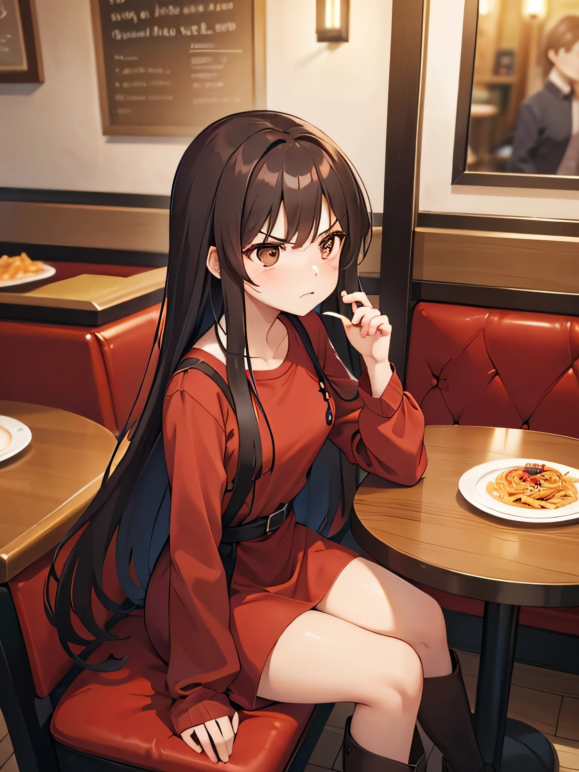 (1) A woman is sitting alone at a table in a restaurant.
(2) women look mature、She is wearing a long-sleeved red mini dress and long brown boots..
(3) The woman's hair color is black、facial expression is angry.
(4) The place is inside a small Italian restaurant.
(5) There is only one pasta item on the woman's table..