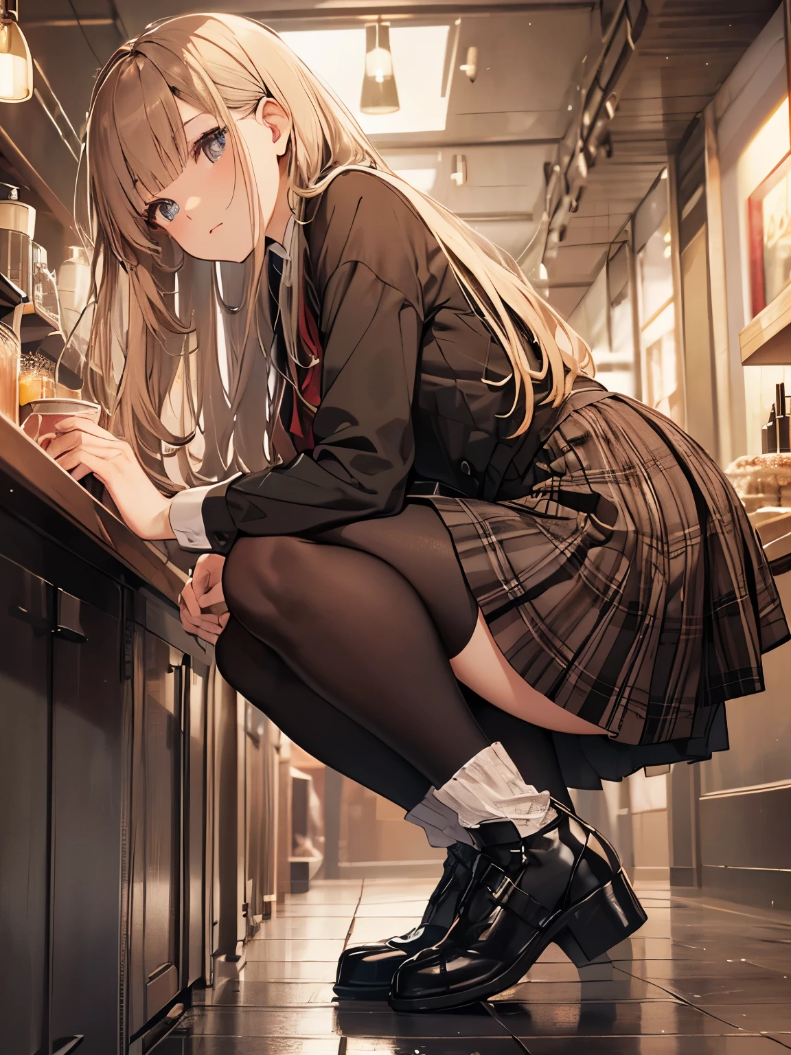 (official art、highest quality、Unity 8k wallpaper、32K、masterpiece、super detailed、超high resolution、realistic、Photoreal:1.2)、(cinematic lighting:1.2)、fire glow effect、film grain、best shadows、rim lighting、side light、(Super detailed and complex 3D rendering)、Background like Makoto Shinkai、detailed beautiful face and eyes、(Beautiful and sharp pupils)、masterpiece, high resolution、highest quality, ultla highres, maximum resolution, very detailed, professional lighting, beautiful skin, 22-year-old woman、very pretty、Inside the cafe、waitress、Maid clothes、work at a cafe、Maid clothes、skirt、shoes下、shoes、bright hair color、blonde、bangs、dull bangs、happy expression、Pick-up、look away、Hospitality、looking far away、彼女はlooking far away、the girl is looking away、The girl is looking to the side、looking at something else、the girl is busy at work、Wide angle、zoomout、angle from below、(((Precise human body structure、Correct and accurate number of limbs、Correct and accurate number of fingers)))