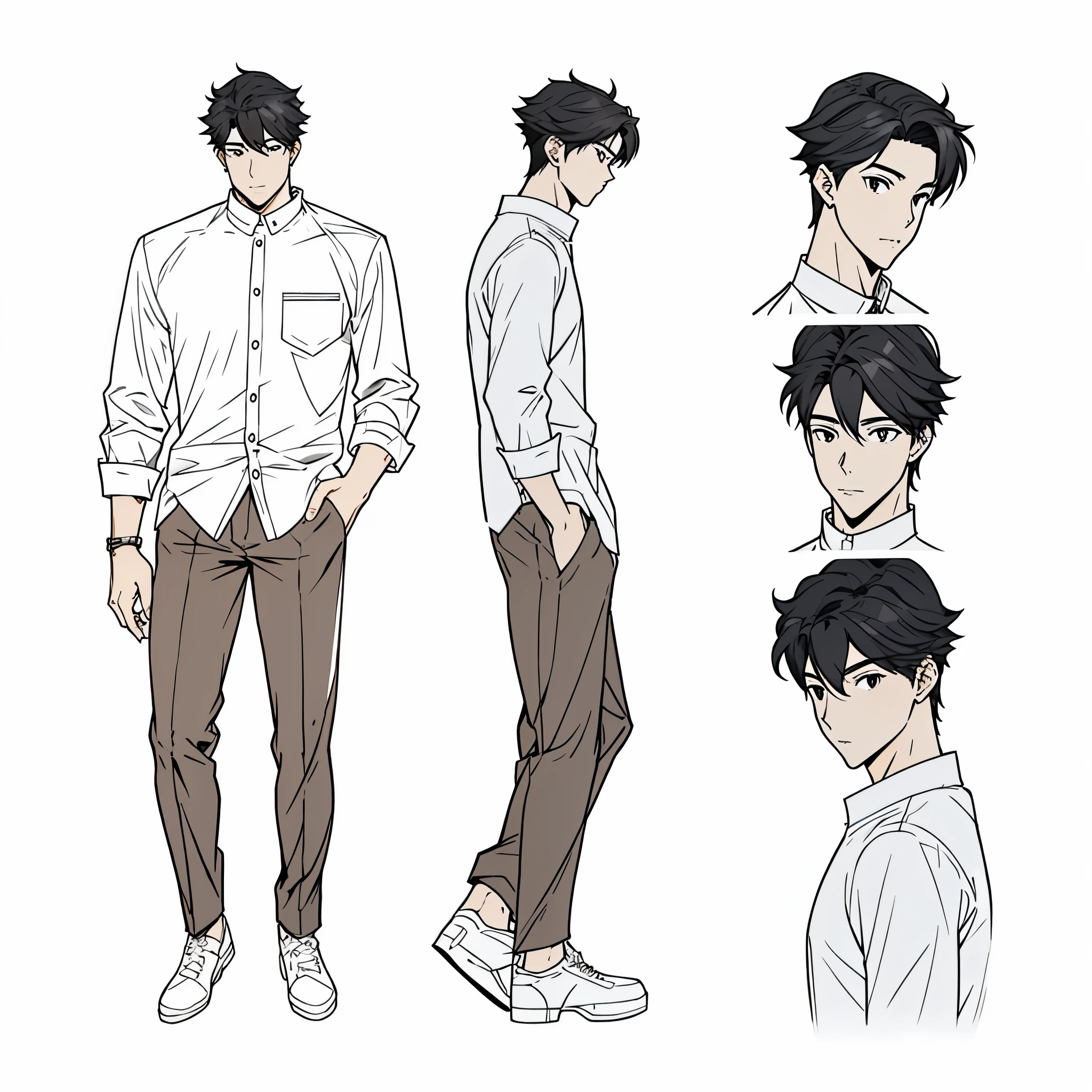 a close up of a person with different poses and hair, official character illustration, single character full body, male character design, full body character design, official character art, full body single character, character full body portrait, anime full body illustration, full body character concept, [ character design ], official illustration, full body concept, anime character reference sheet, full body illustration