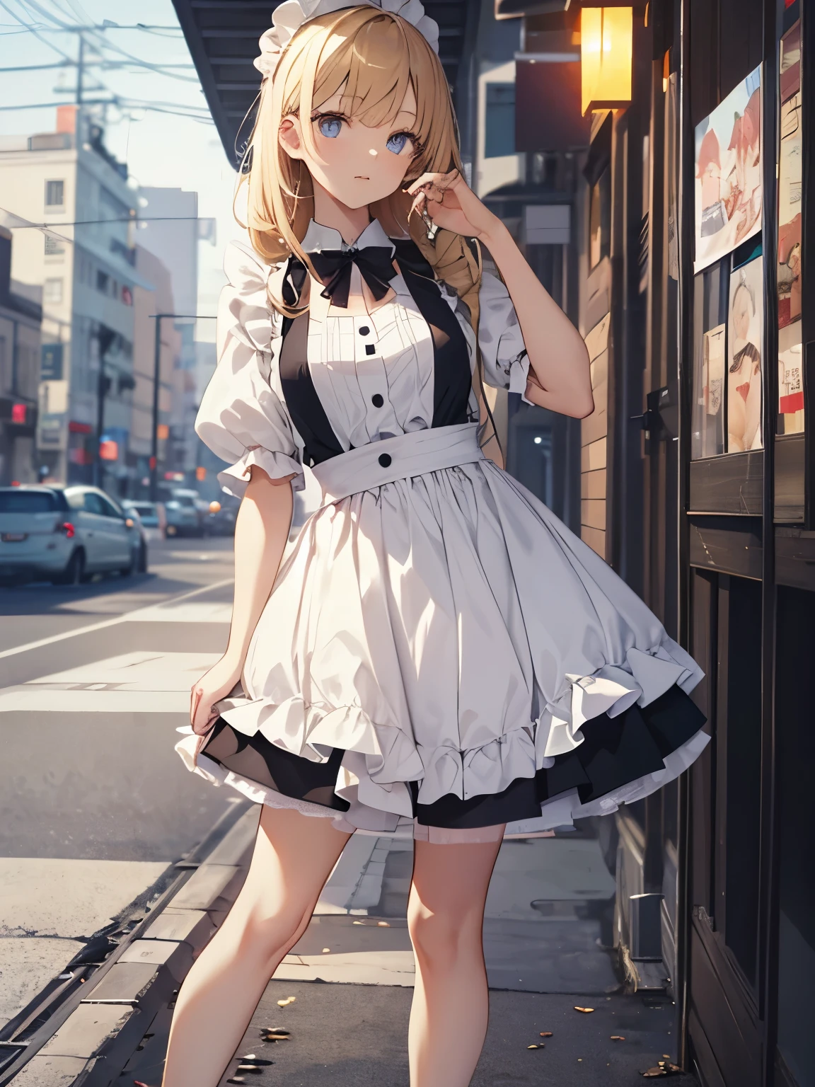 (official art、highest quality、Unity 8k wallpaper、32K、masterpiece、super detailed、超high resolution、realistic、Photoreal:1.2)、(cinematic lighting:1.2)、fire glow effect、film grain、best shadows、rim lighting、side light、(Super detailed and complex 3D rendering)、Background like Makoto Shinkai、detailed beautiful face and eyes、(Beautiful and sharp pupils)、masterpiece, high resolution、highest quality, ultla highres, maximum resolution, very detailed, professional lighting, beautiful skin, 22-year-old woman、very pretty、Inside the cafe、waitress、Maid clothes、work at a cafe、Maid clothes、skirt、shoes下、shoes、bright hair color、blonde、bangs、dull bangs、happy expression、the girl is looking away、The girl is looking to the side、Wide angle、zoomout、angle from below、(((Precise human body structure、Correct and accurate number of limbs、Correct and accurate number of fingers)))