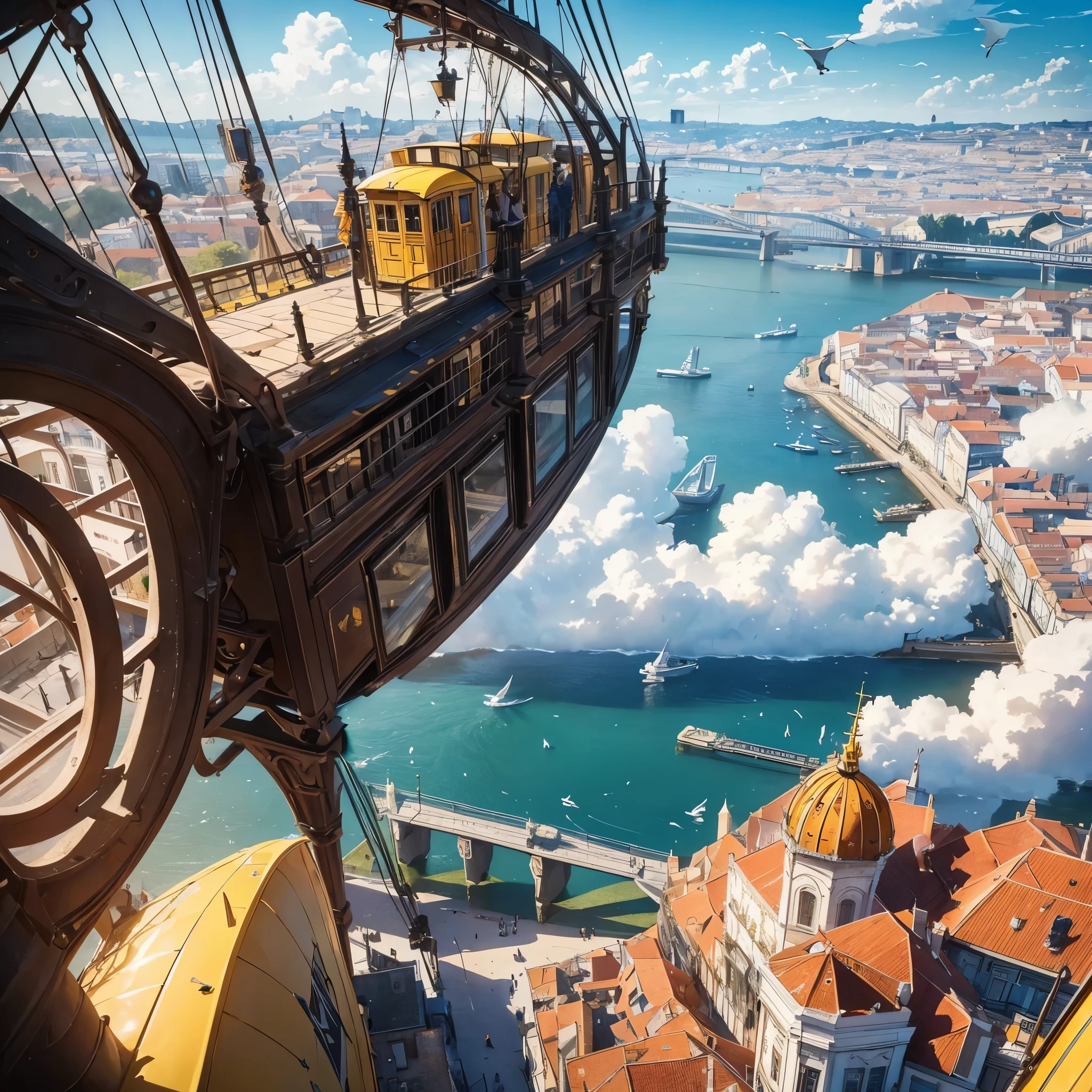 Many birds are suspended in the air with many small tramline and air balloon flying around, ((lisbon in the clouds)), ( yellow tram in Lisbon city), sunny, rich, classy, opulent, pirates, tresure, HD, highly detailed, clean drawings, 2d, joy, good mood, 64K, academy, fantasy, magical plants growing, extreme details, realistic light, epic composition, (complex details), (complex design, ultra-details :1.2), Art Station, (Masterpiece, Best Quality), Ultra HD, 32k --v 6