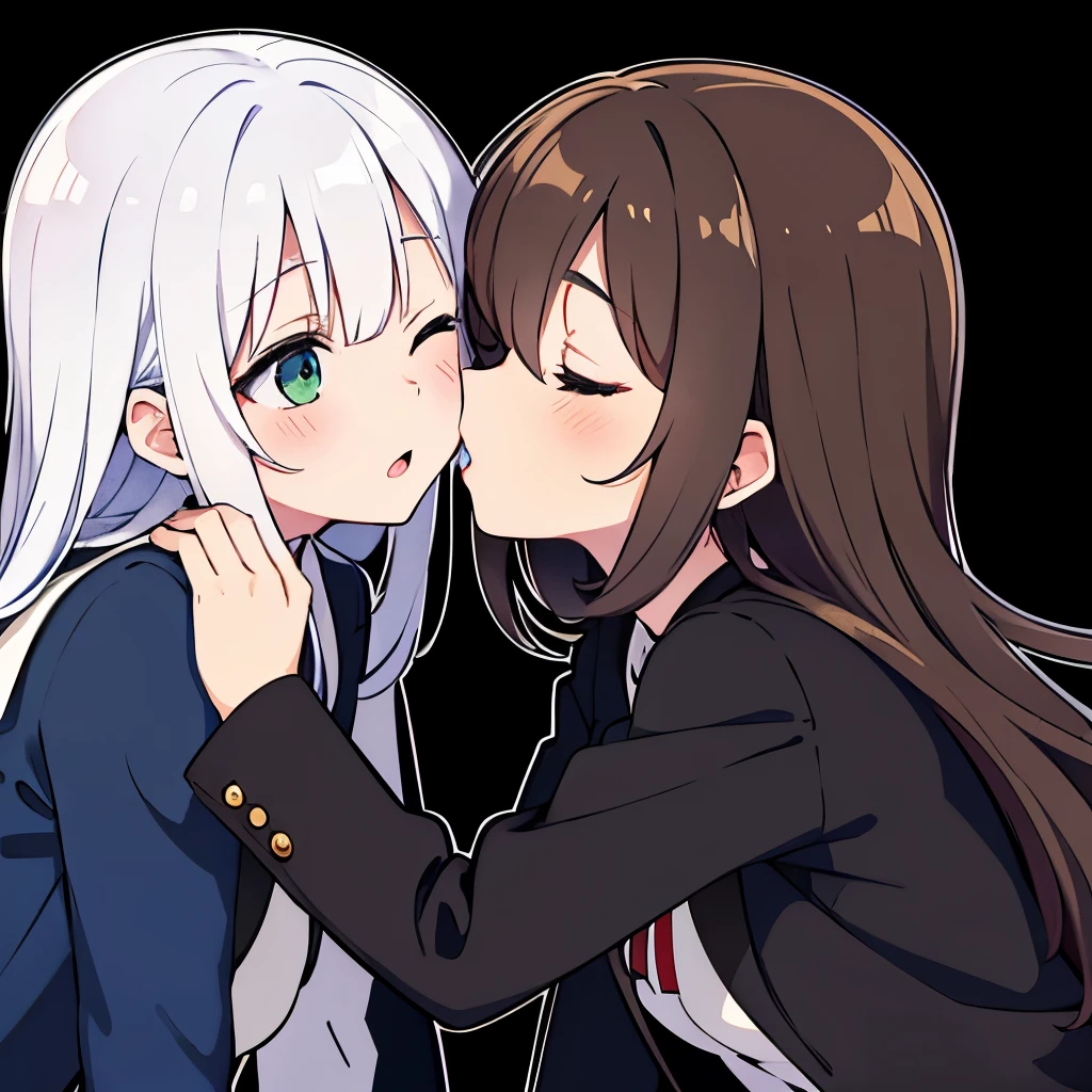 Best quality, High quality, the kiss, Two girls, kiss on the lips, cute First Girl on the right : Brown hair, bright green eyes, surprised, black jacket, astonishment. 
Second girl from the left : White hair, Wavy hair, eyes closed,  closed eyes, black top, black leathern