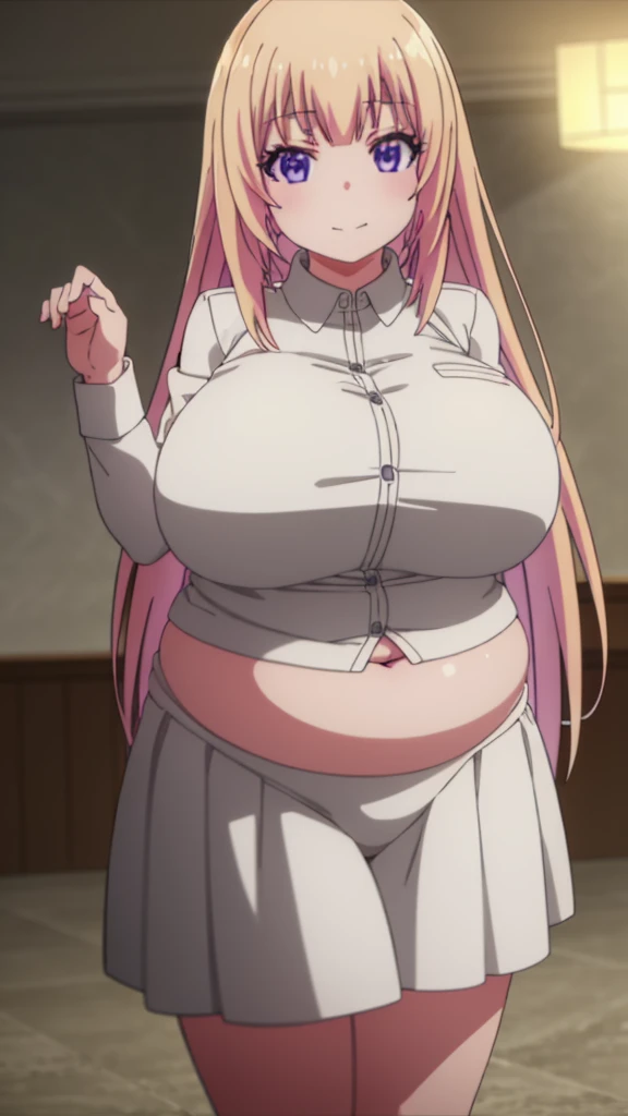 honamiichinose, honami ichinose, long hair, blonde hair, (purple eyes:1.1), hair between eyes, smile,
white bikini,
BREAK indoors, classroom,
BREAK looking at viewer, (cowboy shot:1.5),
BREAK (masterpiece:1.2), best quality, high resolution, unity 8k wallpaper, (illustration:0.8), (beautiful detailed eyes:1.6), extremely detailed face, perfect lighting, extremely detailed CG, (perfect hands, perfect anatomy), (BBW: 1.4), (extra-gigantic breasts:1.4), large breasts, (((natural the biggest belly)))