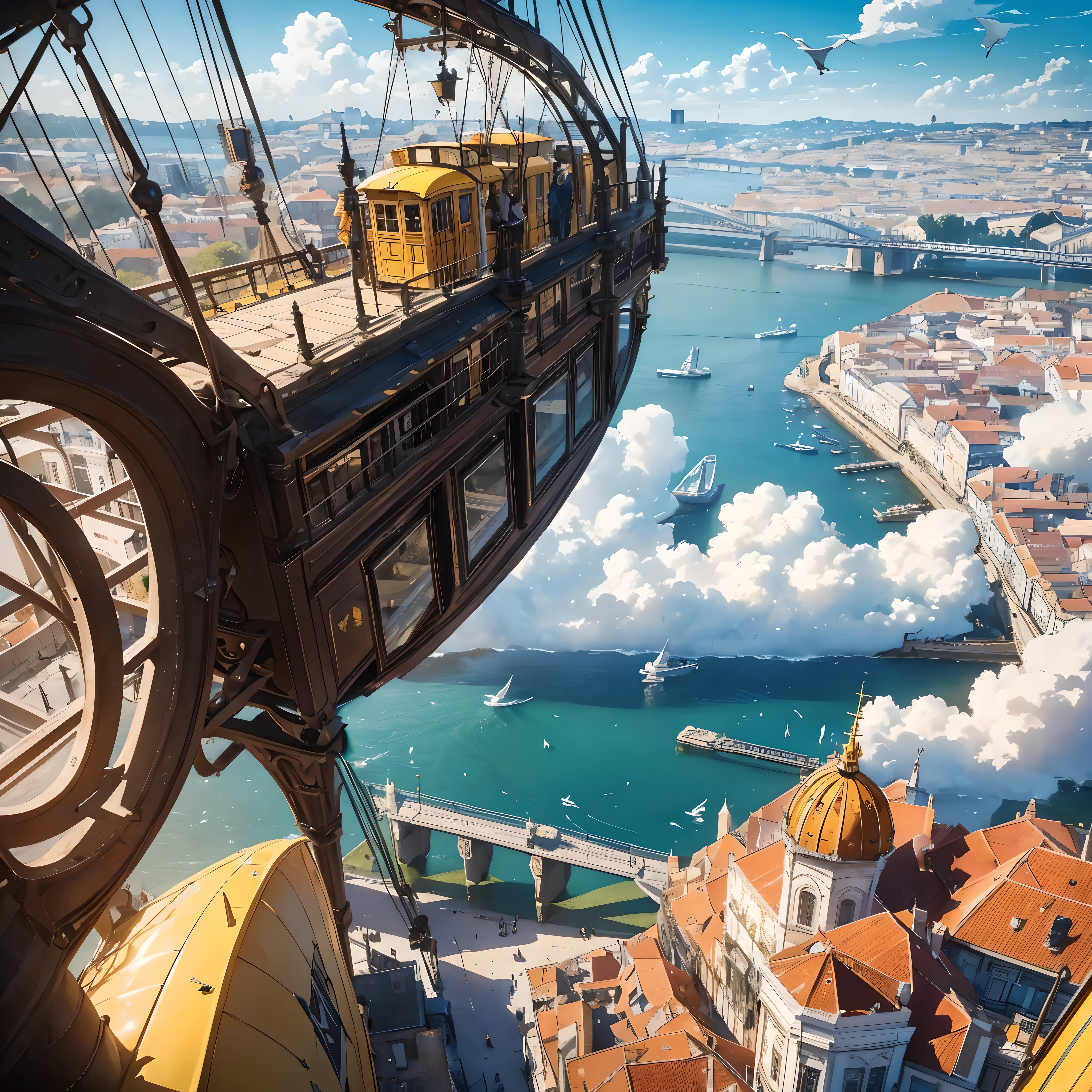 Many birds are suspended in the air with many small tramline and air balloon flying around, ((lisbon in the clouds)), ( yellow tram in Lisbon city), sunny, rich, classy, opulent, pirates, tresure, HD, highly detailed, clean drawings, 2d, joy, good mood, 64K, academy, fantasy, magical plants growing, extreme details, realistic light, epic composition, (complex details), (complex design, ultra-details :1.2), Art Station, (Masterpiece, Best Quality), Ultra HD, 32k --v 6