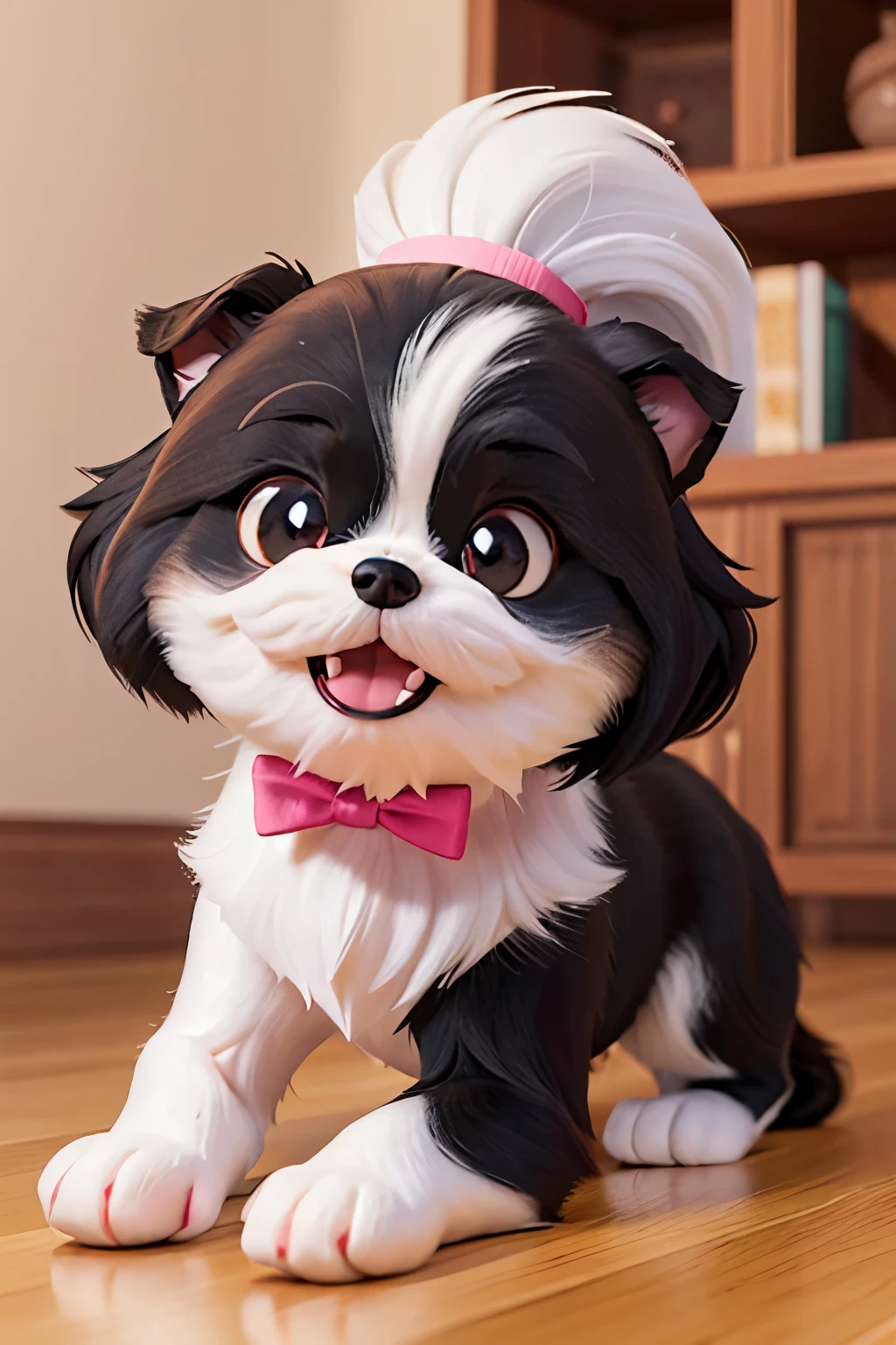 there is a black and white dog laying on the floor, shih tzu, shui mo hua, 2 years old, balck and white fur, a small white line running from the nose to the head,black fur around the eyes, a small white lock like a small white spiky tuft tied with a pink bow, a handsome smile, taken with sony alpha 9, majestic masterpiece, pixar-style