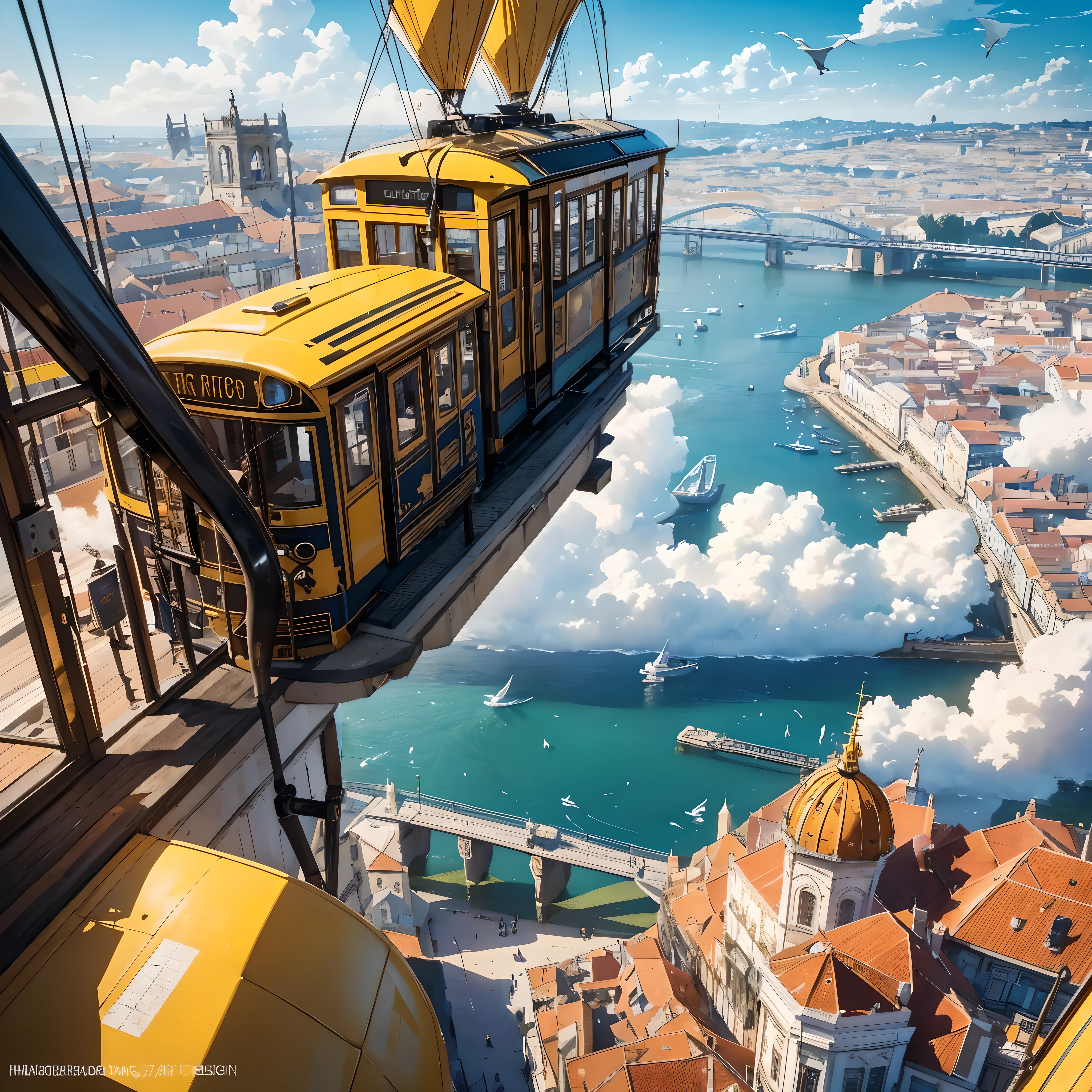 Many birds are suspended in the air with many small tramline and air balloon flying around, ((lisbon in the clouds)), ( yellow tram in Lisbon city), sunny, rich, classy, opulent, pirates, tresure, HD, highly detailed, clean drawings, 2d, joy, good mood, 64K, academy, fantasy, magical plants growing, extreme details, realistic light, epic composition, (complex details), (complex design, ultra-details :1.2), Art Station, (Masterpiece, Best Quality), Ultra HD, 32k --v 6
