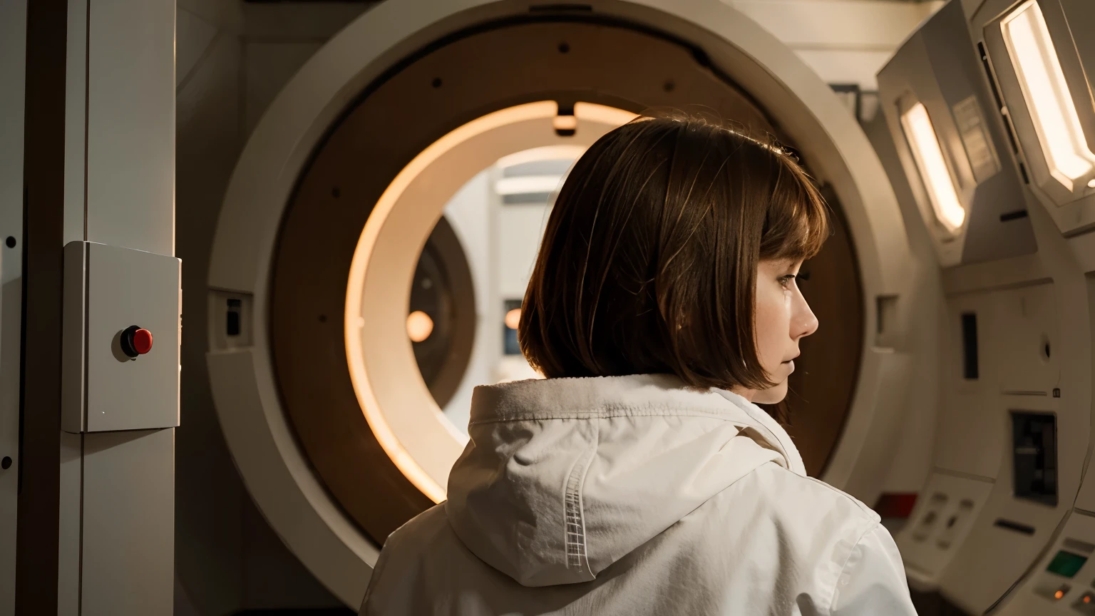 A girl in a white coat with brown hair and a square haircut looks at the glowing portal in the laboratory. Rear view.