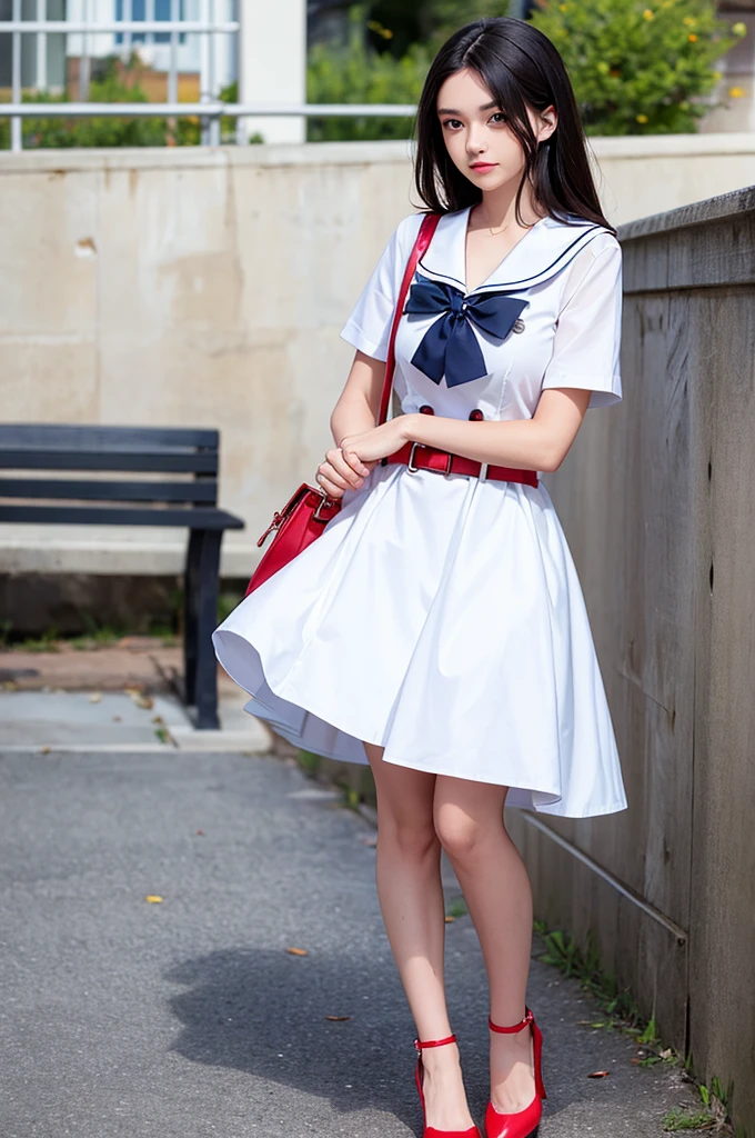 //Character 1girl, BREAK //Fashions Elegant Sainspired Dress, BREAK Opt for a dress with a sailor collar and nautical details, creating a refined and feminine silhouette, Red Bow Belt, Add a pop of color with a red bow belt to accentuate the waist and evoke a touch of vintage flair, Nautical-Inspired Heels, Choose heels with nautical elements, such as anchor or rope details, to complement the overall theme, Structured Tote Bag, Carry a structured tote bag in navy or white to complete the polished and elegant look, BREAK