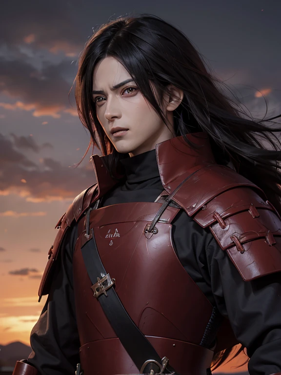 1male, Uchiha Madara , pelo largo , pelo negro, ojos rojos, pose de pelea dinamica, Sonrisa, armadura samurai roja, Realista, campo de batalla, Ultra detalle, anime style