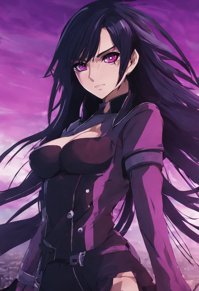 a girl with sinister eyes colored in purple, normal breast, wears very stylish fighting outfits in anime, long black hair, she does not smile, with sinister background with sky in view