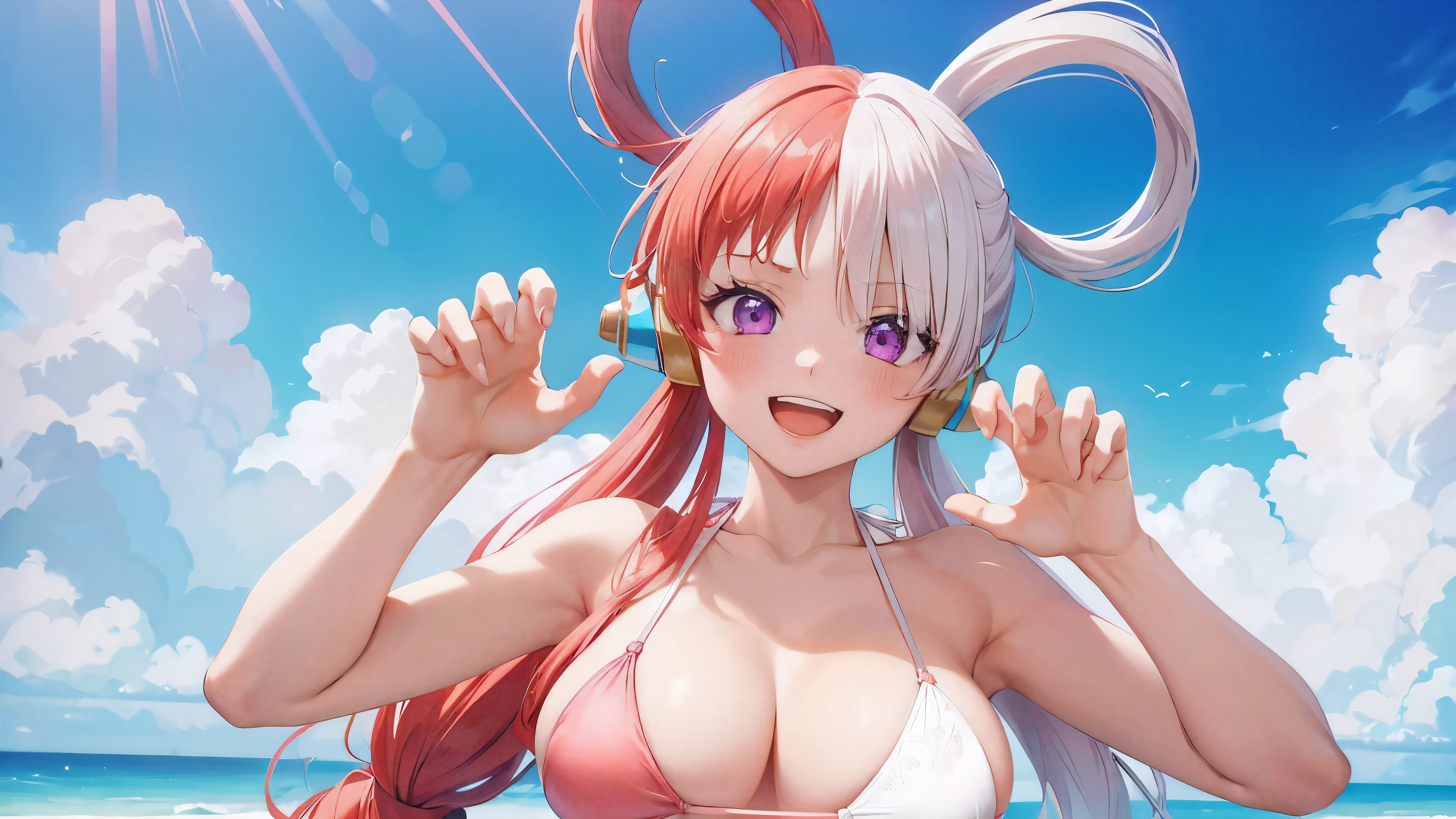 one piece, Song, Red and white hair, (alone:1.3), (one girl:1.3), (White and pink bikini:1.3), make your breasts bigger, blush, smile, open your mouth, (claw pose:1.2), highly detailed eyes, highly detailed fingers, super precise hands
