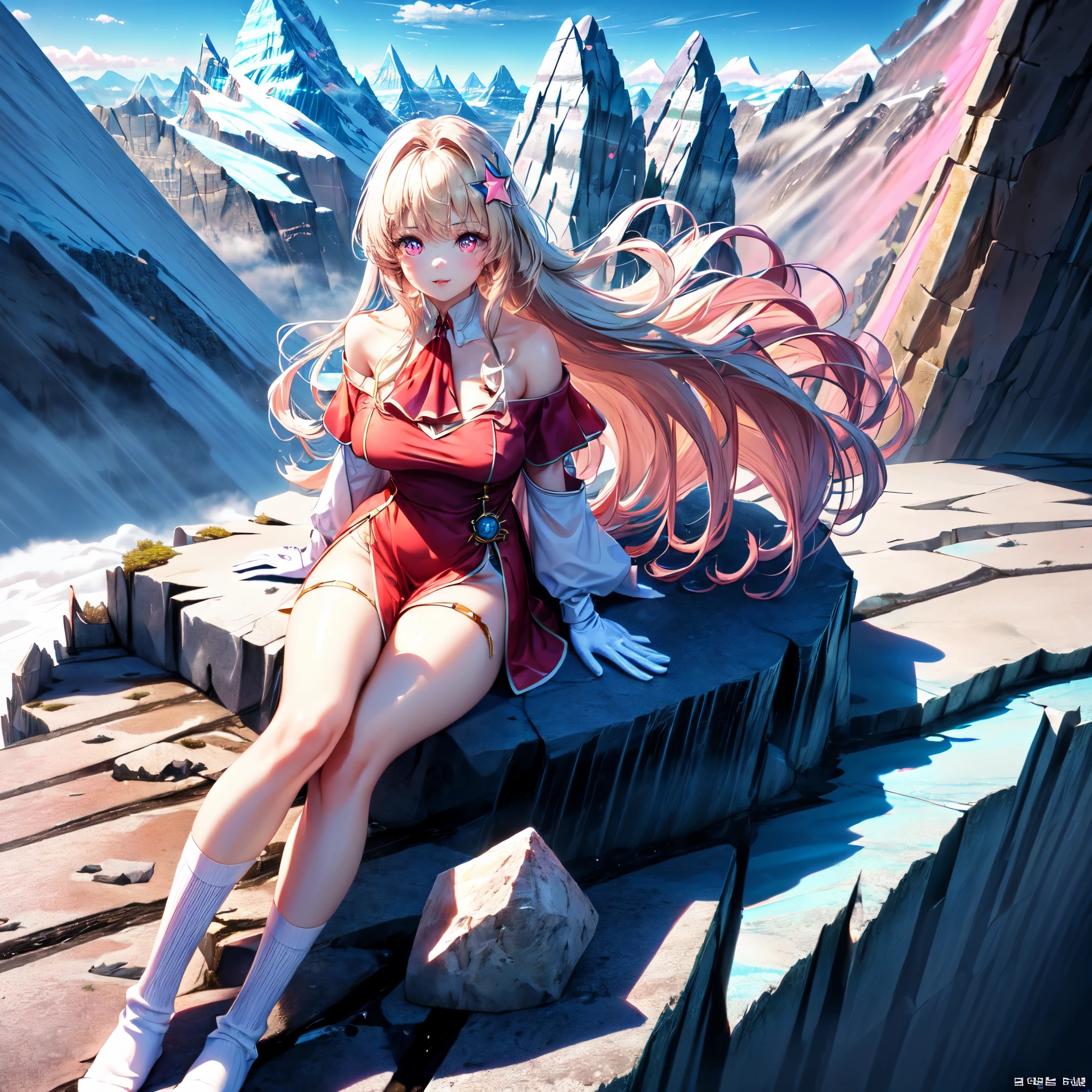 official art, masterpiece, sharp focueautiful gorgeous cute Korean woman:1.3), (beautiful cute korean:1.3), (beautiful and aesthetic:1.4), korean beauty, Delicate and beautiful hair and eyes and face, realistic, ultra detailed, beautiful girl, blue sky, glow white particle, (sidelighting:1.2), sun light, white cloud, detailed clouds, slender, Lovely very large breasts and very large hips,showing pink slip and lovely lips, (((shy and aroused, pink Star-shaped pupils, pink eyes)), (((Cuteness:1.7)), scenery, long straight hair, sexy facial expression, build (Mountainscape:1.7), dynamic hair, blonde long straight hair, detailed hair, streaked hair, glow pink eyes, sitting elegant near rivers (shoulder strap+red Ascot dress+off shoulder blouse), white long socks, pale skin, epic scenery, hair ornament, Princess white gloves, appealing