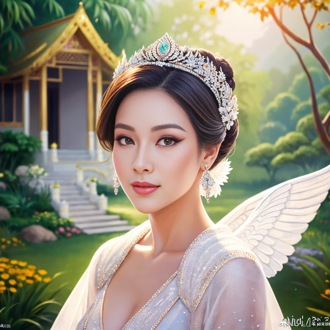 Realistic acrylic painting, a revolutionary AI aspect, Thai Rattanakosin style, creating the image of a beautiful Thai queen, beautiful eyes, detailed diamond neck. Her hair is tied up in a white bun. She is surrounded by sparkling She is walking around, the light of a tiny angel is shining brightly. The background is a landscape of a white Thai-style house decorated with diamonds, with flowers all around her. The picture is hyper-realistic, sharp. 64 k