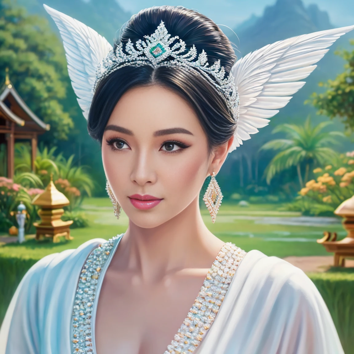 Realistic acrylic painting, a revolutionary AI aspect, Thai Rattanakosin style, creating the image of a beautiful Thai queen, beautiful eyes, detailed diamond neck. Her hair is tied up in a white bun. She is surrounded by sparkling She is walking around, the light of a tiny angel is shining brightly. The background is a landscape of a white Thai-style house decorated with diamonds, with flowers all around her. The picture is hyper-realistic, sharp. 64 k