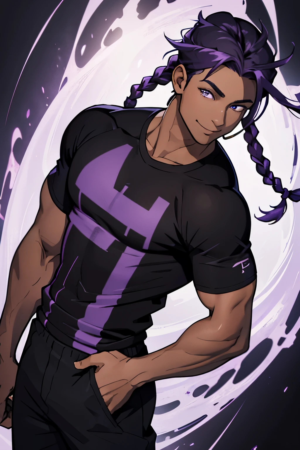 black young man, black and purple hair with two braids, olhos purpura, camiseta branca, black pants, sorriso arrogante, hunter's eyes, face calma,