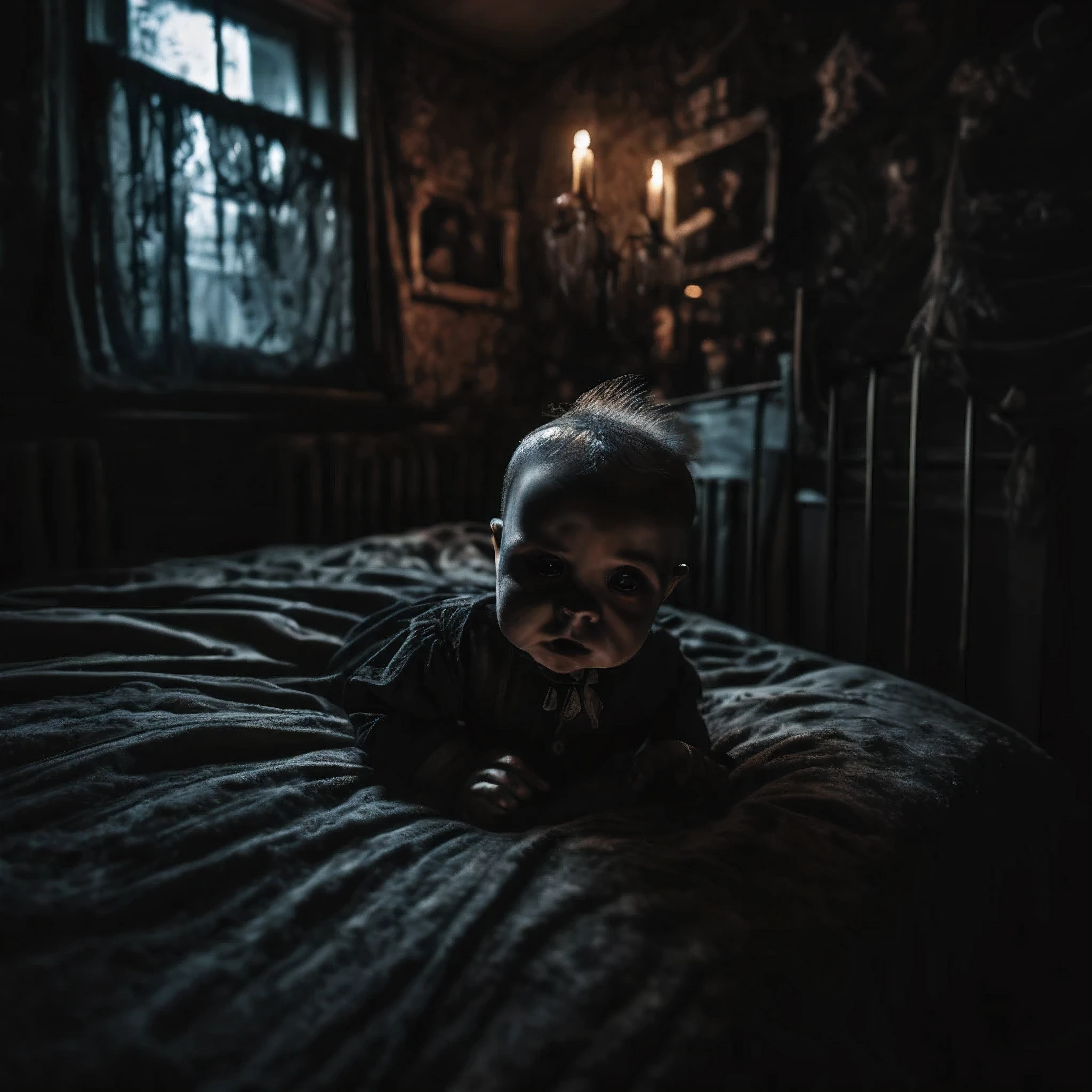 (best quality,ultra-detailed,realistic:1.37), RAW photo, evil , room, horror photo, dark atmosphere, creepy ambiance, intense shadows, dim lighting, gloomy color palette, chilling presence, ominous feeling, sinister expression, twisted imagination, eerie details, unsettling composition, supernatural element, haunted decor, Gothic style, macabre aesthetic, disturbing concept, eerie silence, hair-raising texture, bone-chilling atmosphere, spine-tingling mood, fear-inducing subject, nightmarish scenery, unsettling presence, unsettling aura, uncanny vibes, fear-provoking emotions.