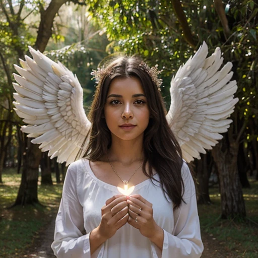Hermoso Angel de amor con luz en el centro del corazon en medio de un bosque sagrado emana tranquilidad y amor