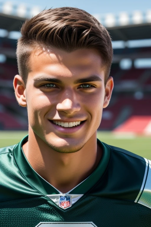 A 22-year-old brown-haired football player with a light smile and jealous aqua eyes poses confidently at the football stadium. His expressive face is captured in high definition, with textured skin that shines under the sun. The Canon or Nikon camera captures every detail, from his sweat-streaked forehead to the grass stains on his jersey. The first-person view and three-sided perspective add depth to the image, enhancing the sense of realism and intensity in his gaze. Green eyes sparkle with determination as he looks directly at the viewer, creating an engaging and unforgettable image.