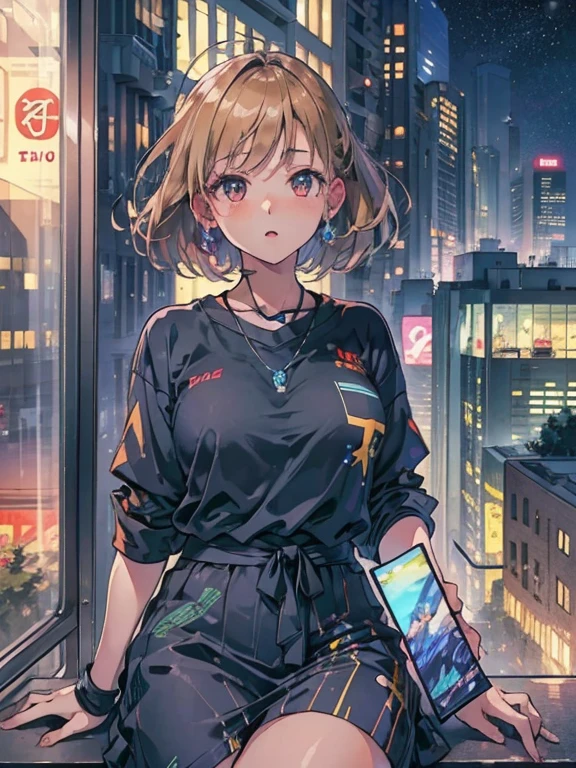 (best quality,4k,8k,highres,masterpiece:1.2),ultra-detailed,(realistic,photorealistic,photo-realistic:1.37),colorful,dynamic,anime,portrait,girls,short hair,energetic,sitting on the windowsill,looking at the night city