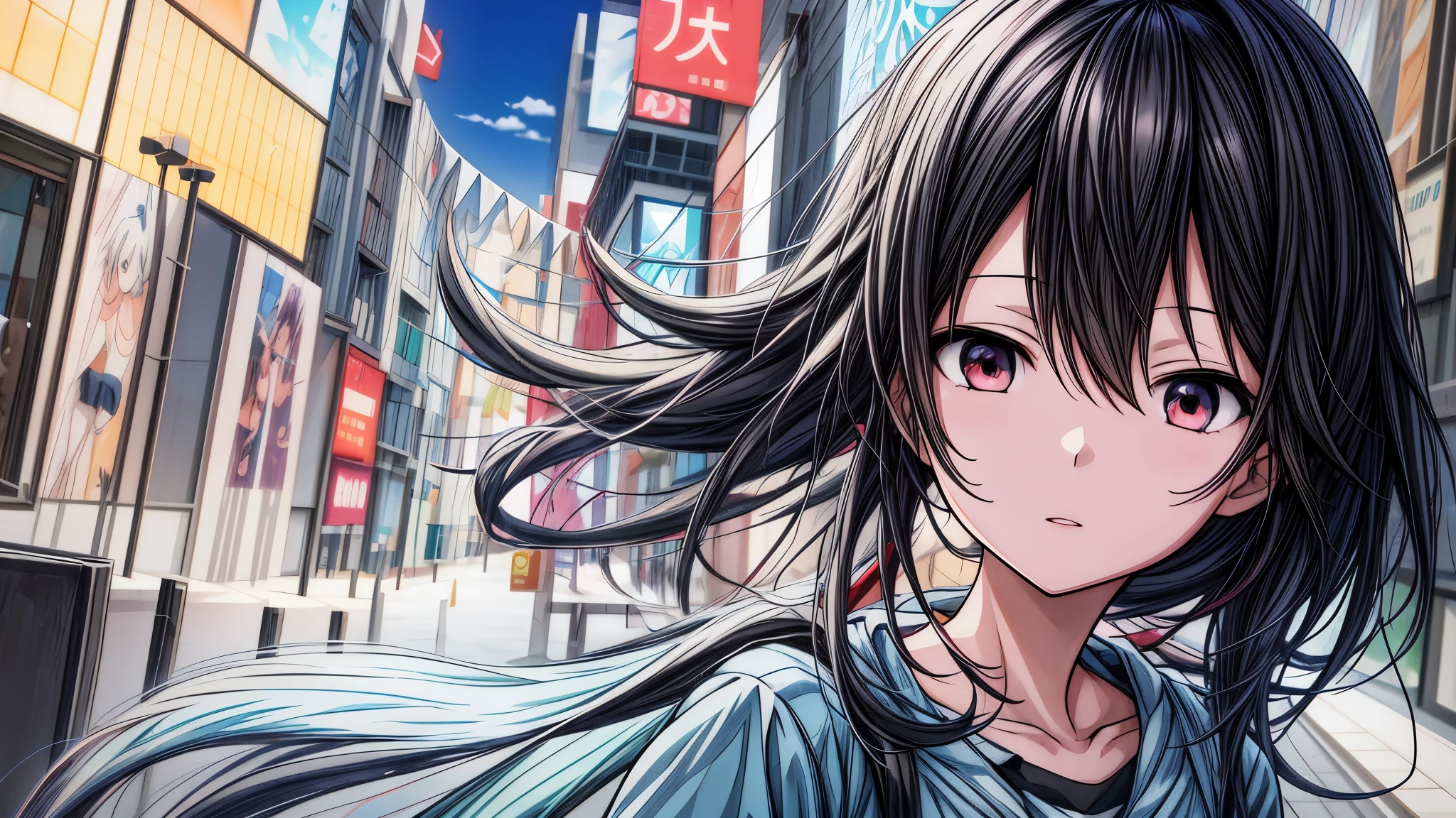 Chica anime con largo cabello negro y ojos azules en una ciudad., estilo anime 4k, fondo de pantalla de arte anime 8 k, Fondo de pantalla de arte anime 4k, Fondo de pantalla de arte anime 4K, Fondo de pantalla animado 4K, arte de anime digital detallado, retrato detallado de chica anime, Fondo de pantalla manga 4k, Fondo de pantalla animado 4K, fondo de pantalla animado 4k, Arte digital 4k muy detallado