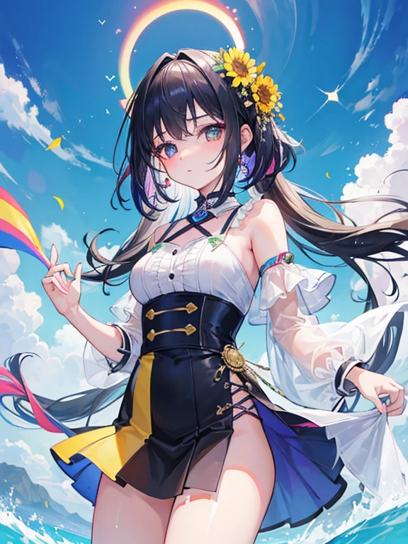 Highest quality、whole body、Black Hair、Iris、short hair、girl、cute、、、Small hair ornament、A cute ethnic dress with frills on the shoulders、Fluttering in the wind、A very happy look、I can see a little bit of underwear.