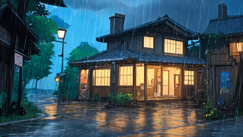 Anime scene of house with rain shower and street light, Anime background art, beautiful anime scene, Makoto Shinkai&#39;s style, anime landscape concept art, Stormy weather. makoto shinkai, Rainy night, studio ghibli smooth concept art, in Makoto Shinkai&#39;s style, studio glibly makoto shinkai, On a rainy afternoon, rain scene