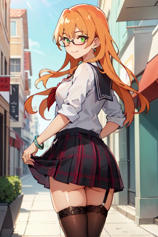 (masterpiece, top quality, best quality:1.2) 1girl, solo, long hair, smile, bangs, closed mouth, green eyes, glasses, serafuku, orange hair, neckerchief, rimless eyewear, blush, skirt, shirt, thighhighs, jewelry, school uniform, pleated skirt, choker, black thighhighs, necklace, bracelet, plaid, red skirt, garter straps, plaid skirt, thigh, gyaru, kogal, black shirt, ((thicc ass))