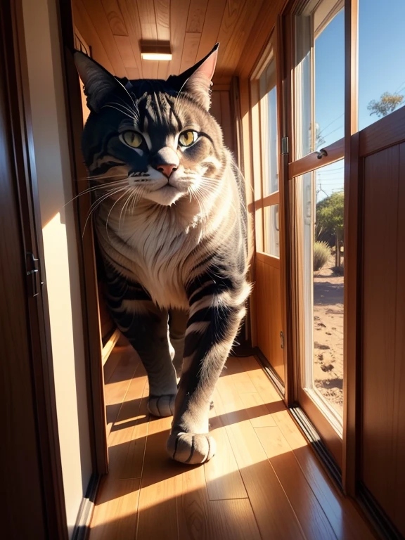 Un lindo gato gigante con ojos redondos, caminando por la barda,  , Luz solar fuera de la ventana.