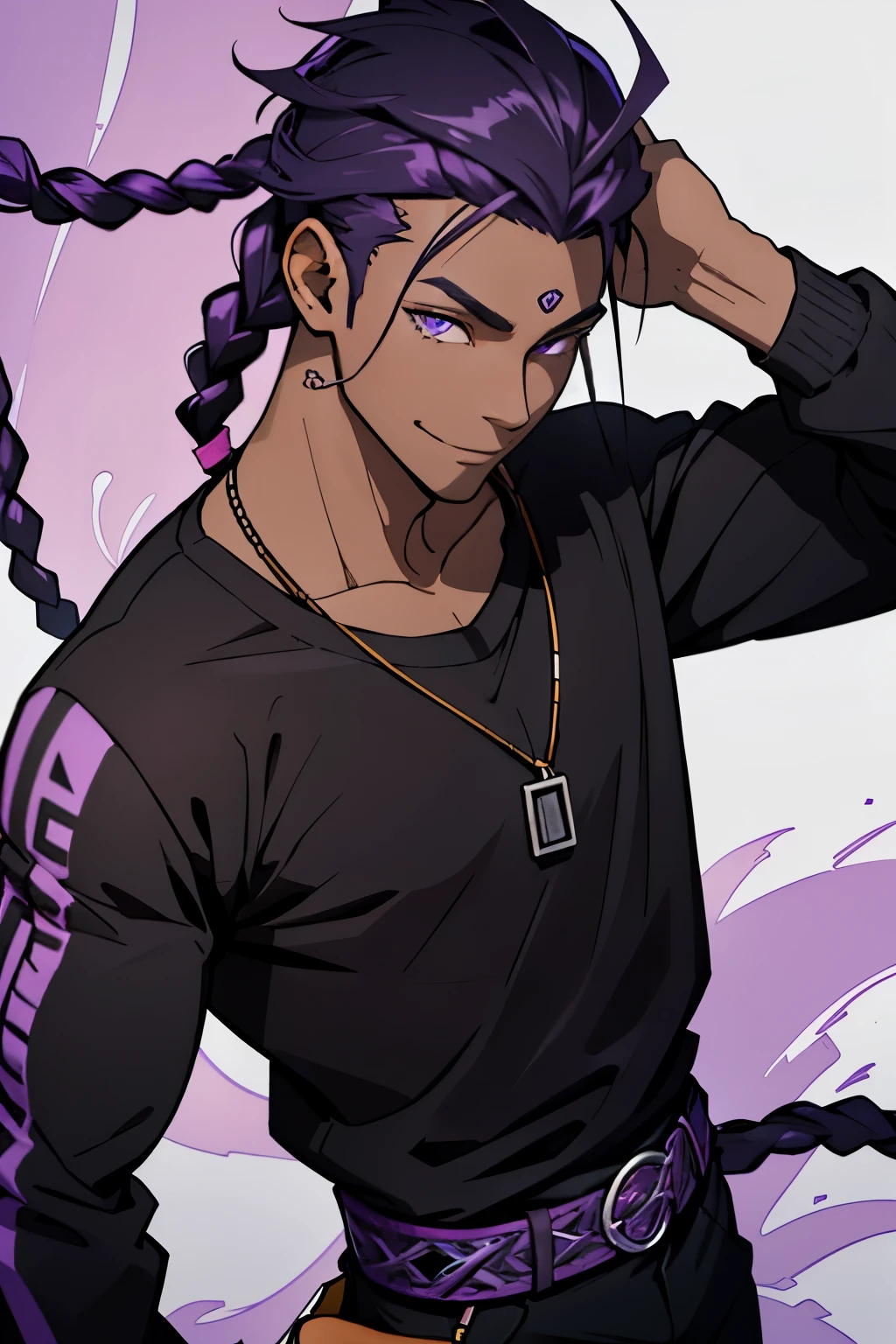 black young man, black and purple hair with two braids, olhos purpura, camiseta branca, black pants, sorriso arrogante, hunter's eyes, face calma,