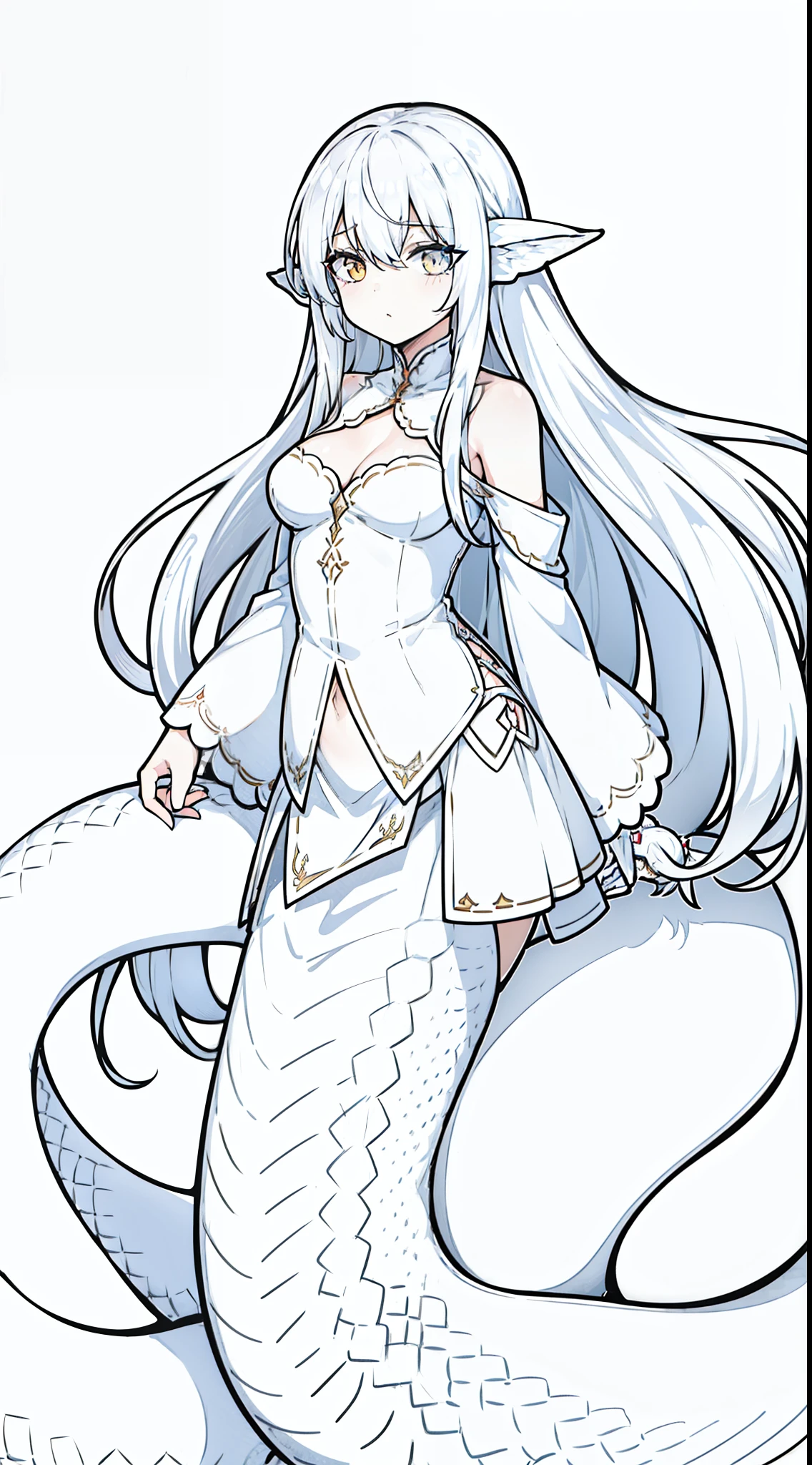 1girl,white hair,long hair,(lamia tails),cowboy shot,(white background,line drawing),