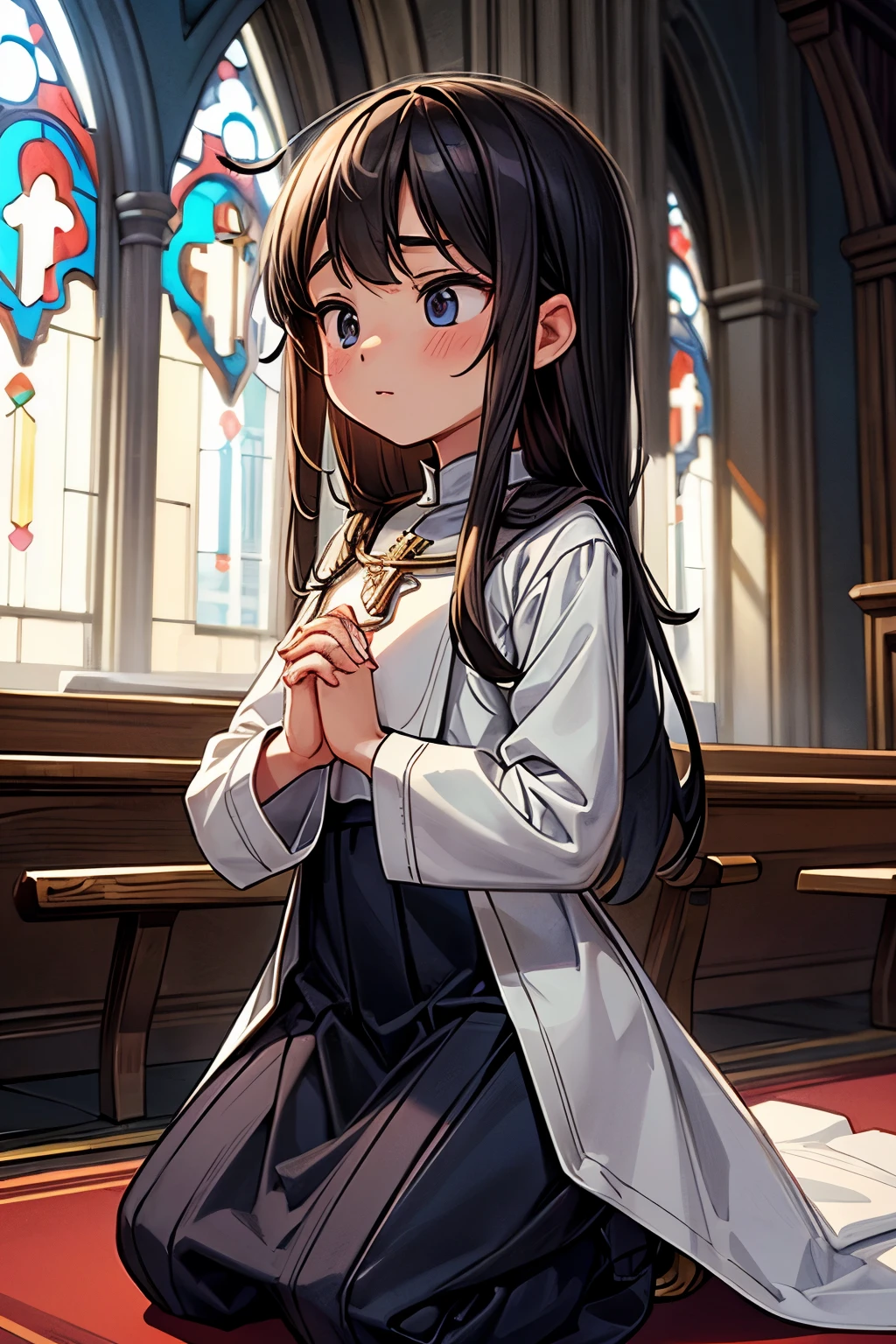 (masterpiece:1.2), (best quality:1.2), (extremely detailed:1.2), (extremely detailed face), (ultra detailed), praying pose, Monastic uniform, (priestess), cowboy shot, charming, flat chest, naughty face, lighting, cute teenage girl, 1girls, high resolution, (church uniforms), shy, kneeling, (interlocked fingers), (in Tranquil Chapel), solo, beautiful silky hair, beautiful eyes, vibrant color