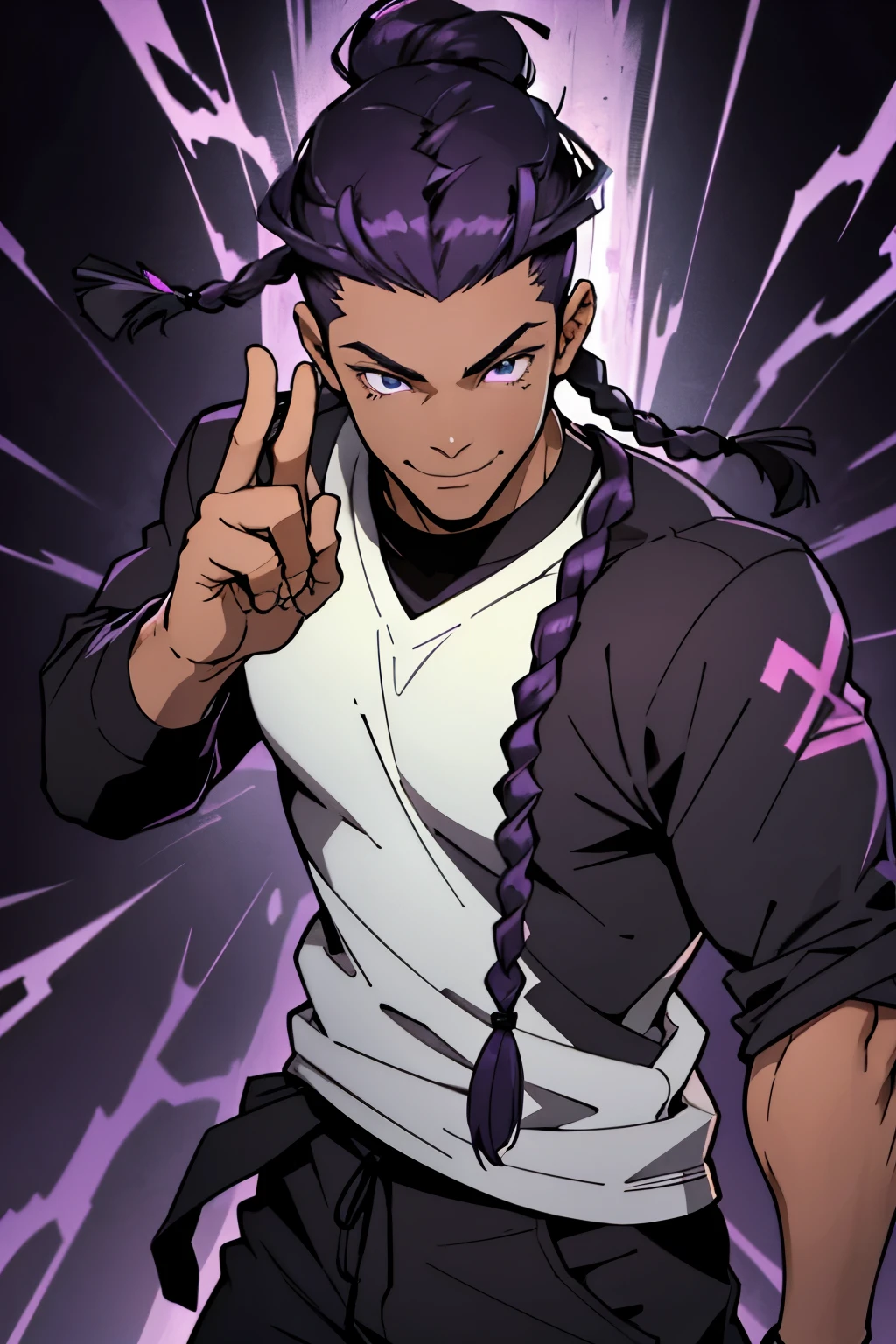 black young man, black and purple hair with two braids, olhos purpura, camiseta branca, black pants, sorriso arrogante, hunter's eyes, face calma, fight pose