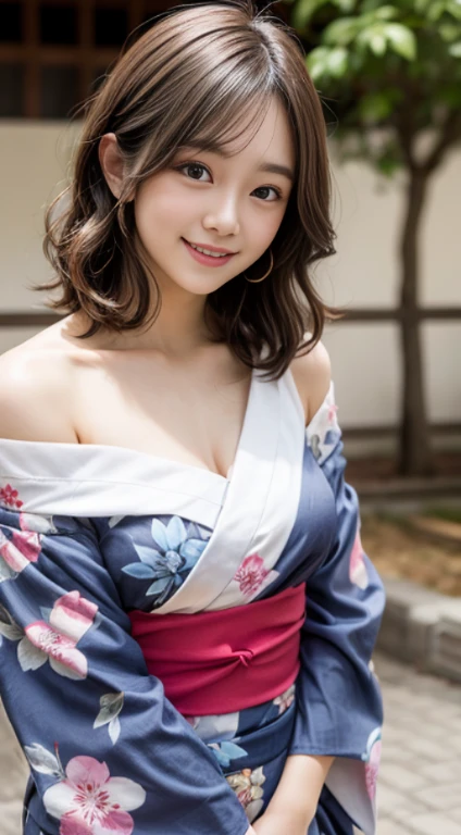 Yukata floral, off-shoulder, sonriente, cabello corto, 20 years old