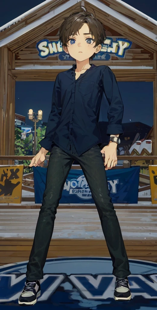 Masterpiece, best quality, height, 1 boy, alone, stand, lad, Wear a white t-shirt, Black Jeans, Cool shoes, detailed face, Detailed eyes, Dark eyes, depth of field, Highly detailed, Park Background